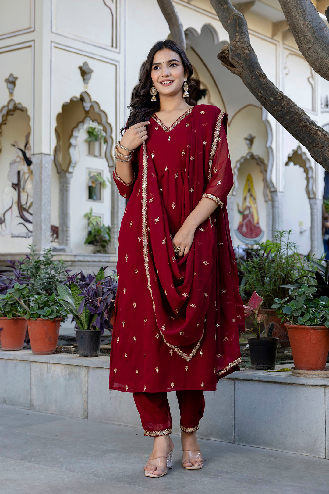Maroon Embroidered Georgette A-Line Kurta