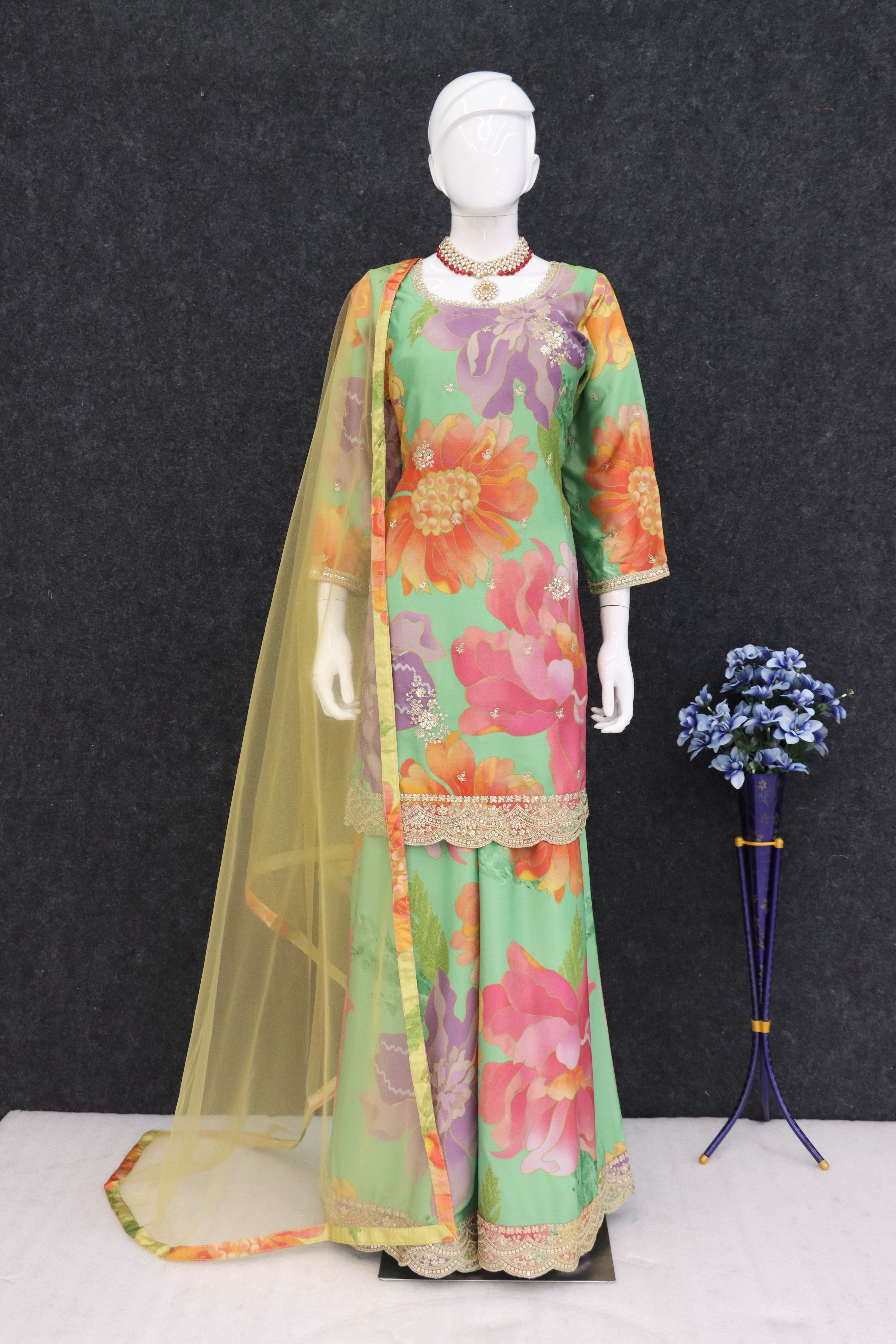Pista Green Party Wear Floral Printed Sharara Suit