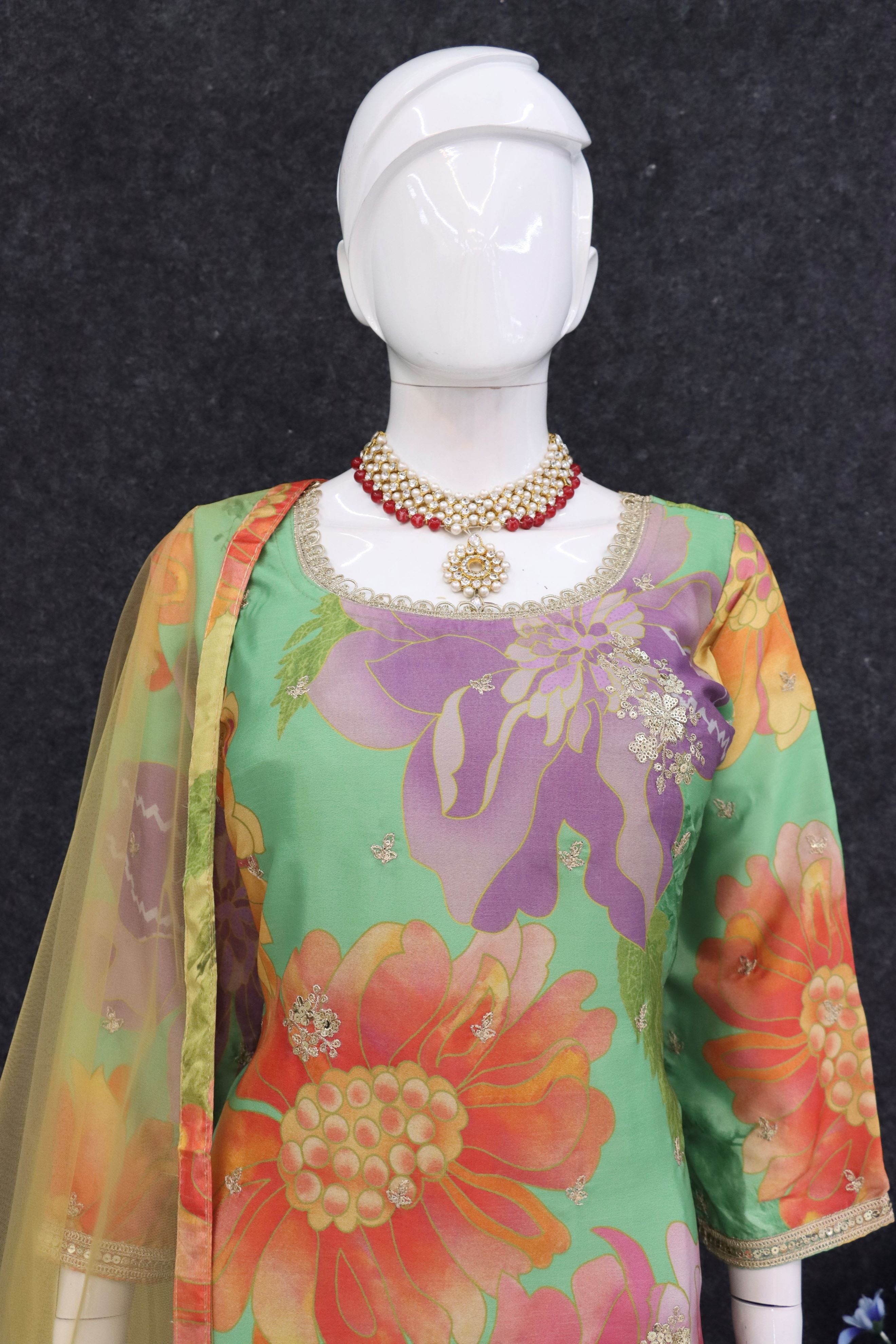 Pista Green Party Wear Floral Printed Sharara Suit