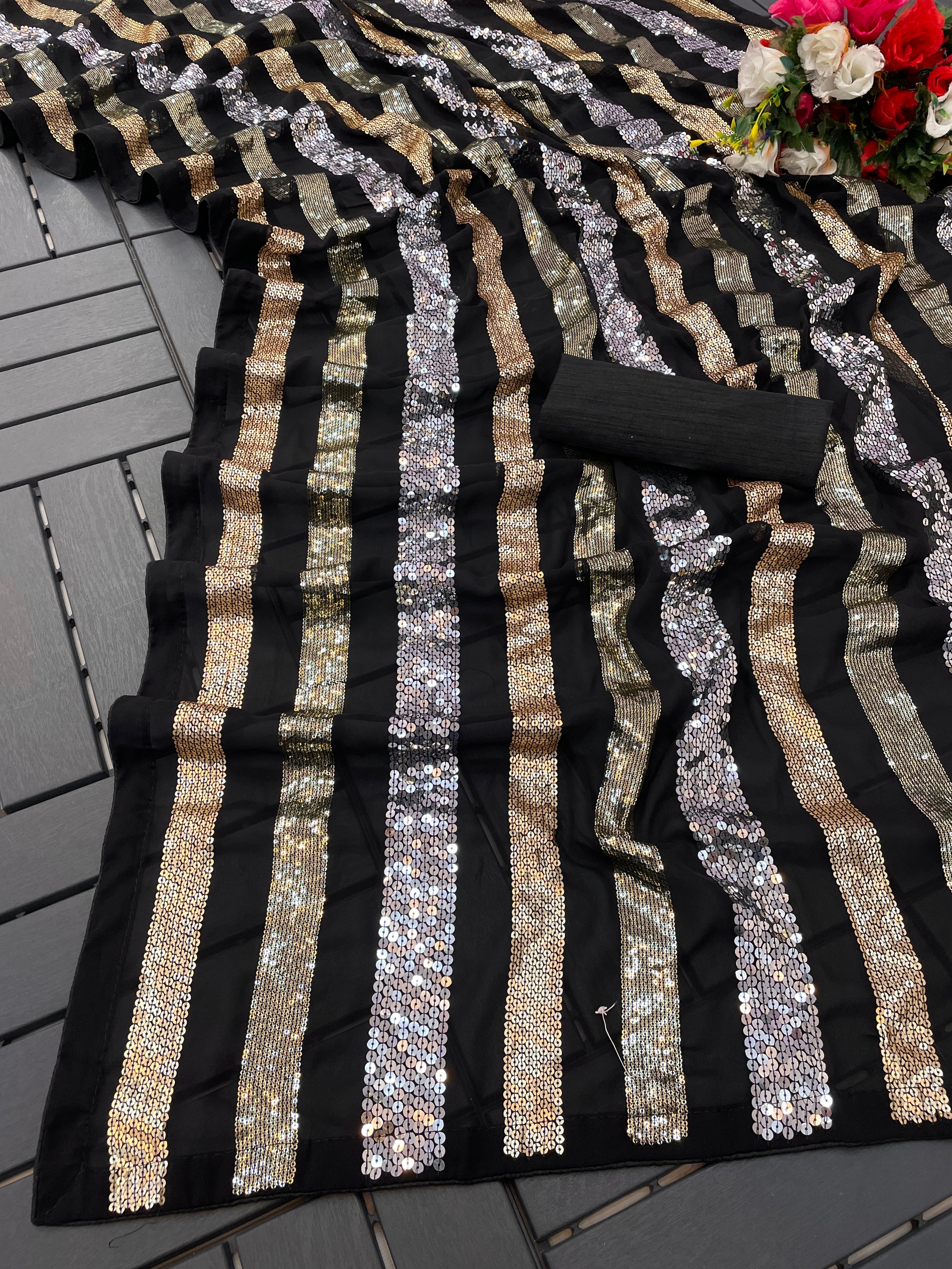 Solid Embroidered Striped Sequinned Saree For Women