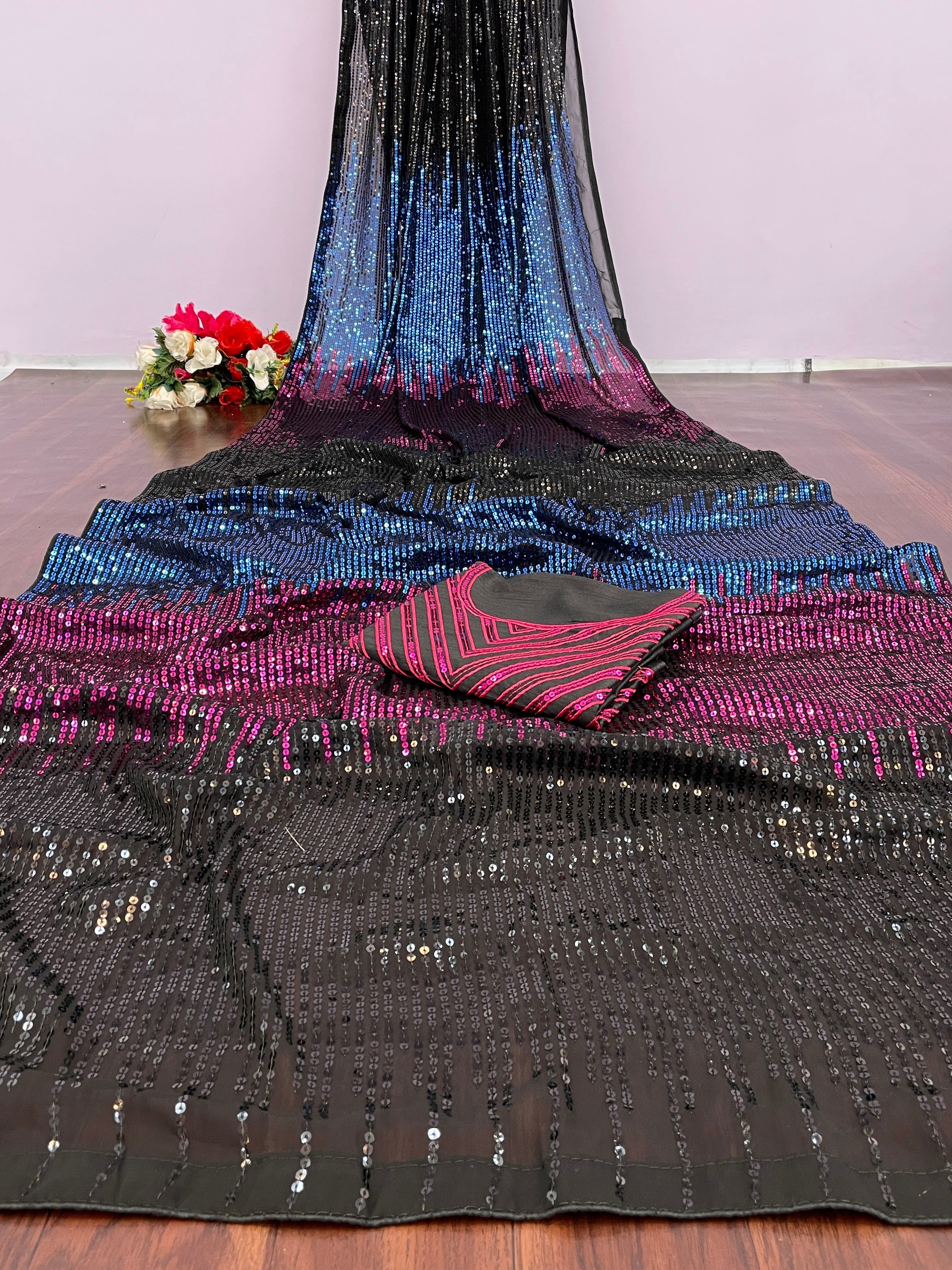 Black & Pink Embellished Sequinned Pure Georgette Saree