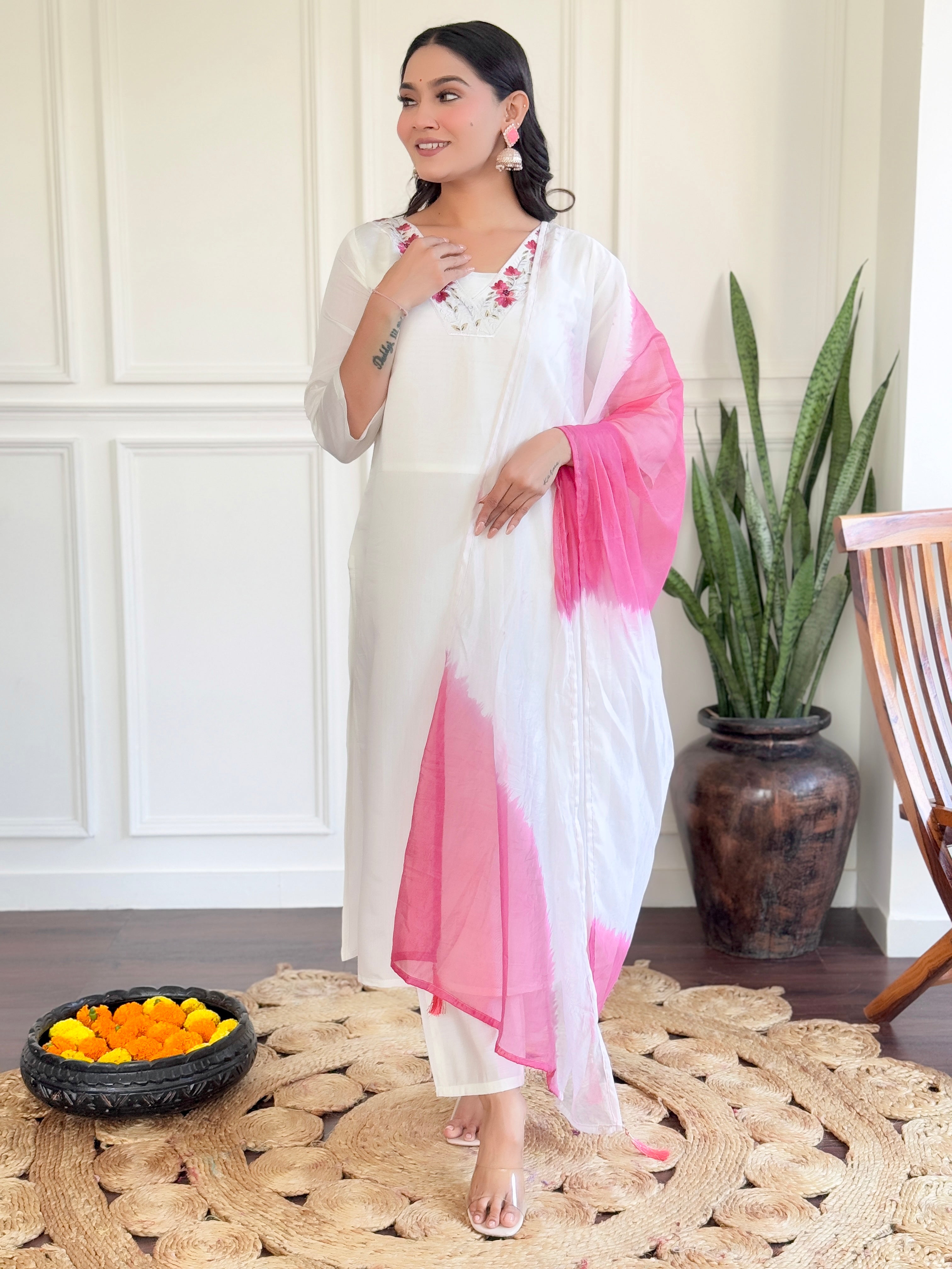 Chanderi Fabric work Straight cut Kurta, Pant and Dupatta Set