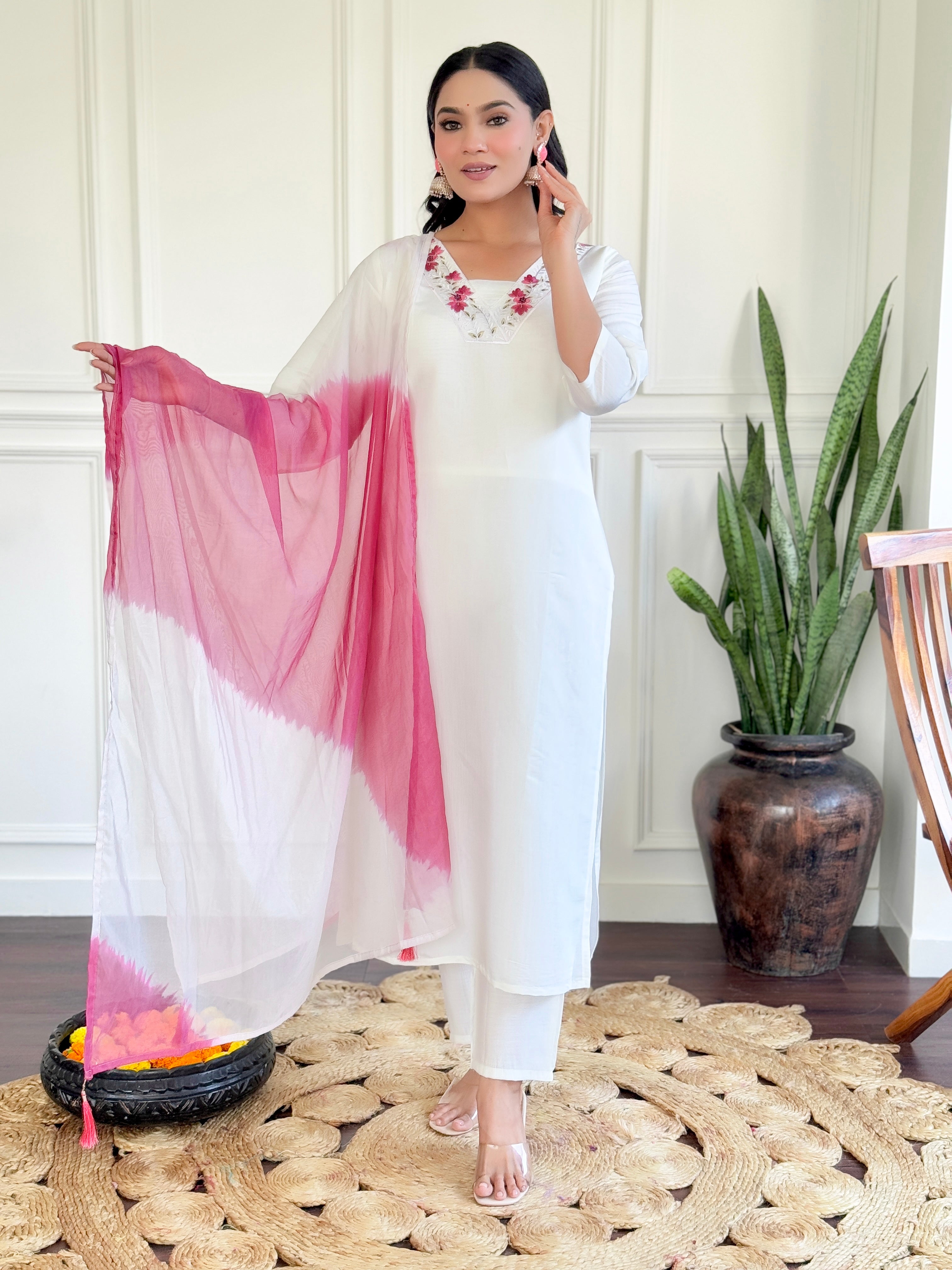 Chanderi Fabric work Straight cut Kurta, Pant and Dupatta Set