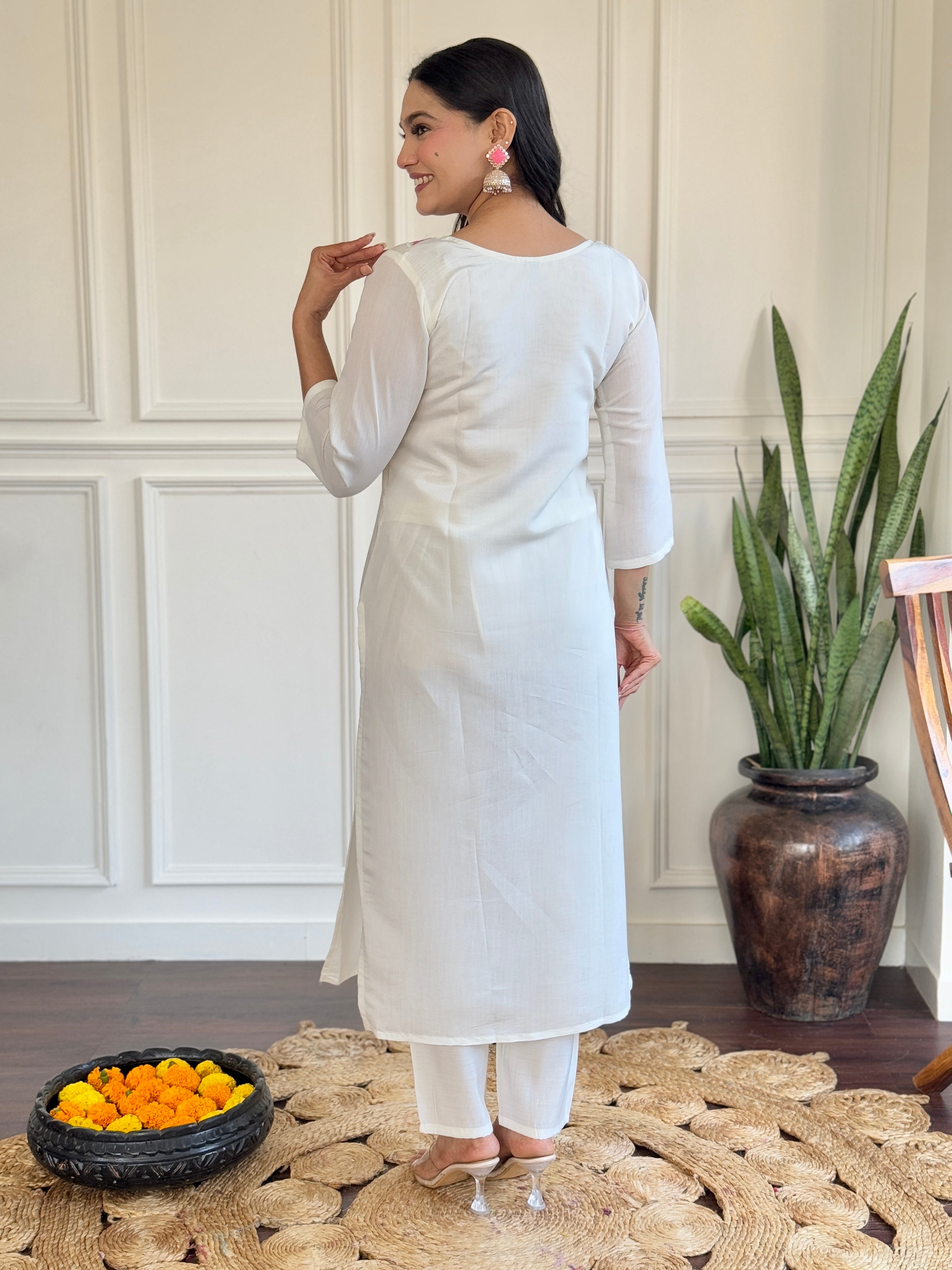 Chanderi Fabric work Straight cut Kurta, Pant and Dupatta Set