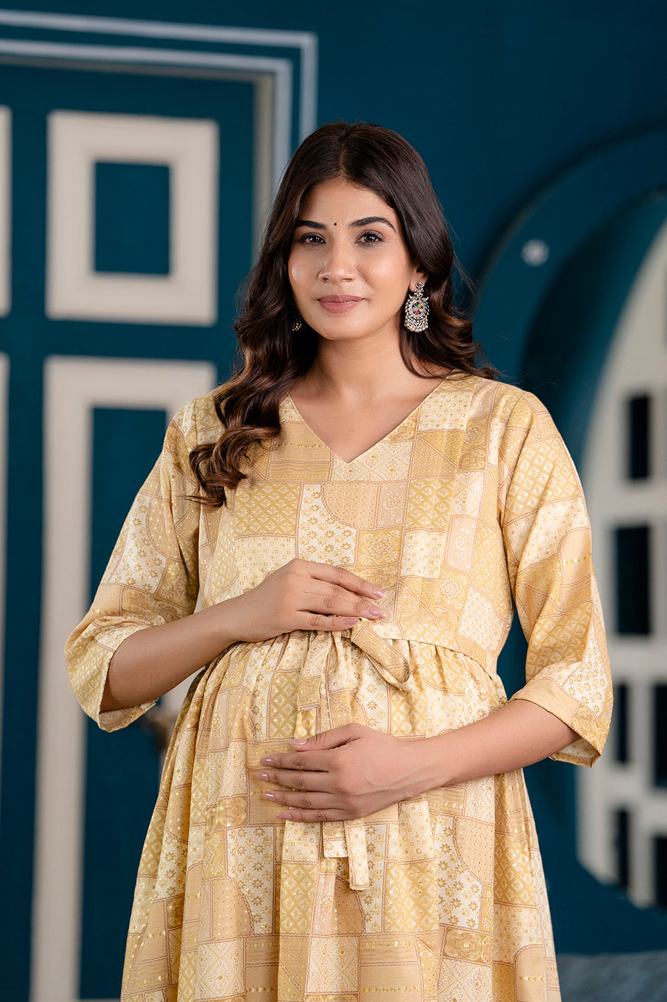 Fab Beige Printed Maternity Dress For Women
