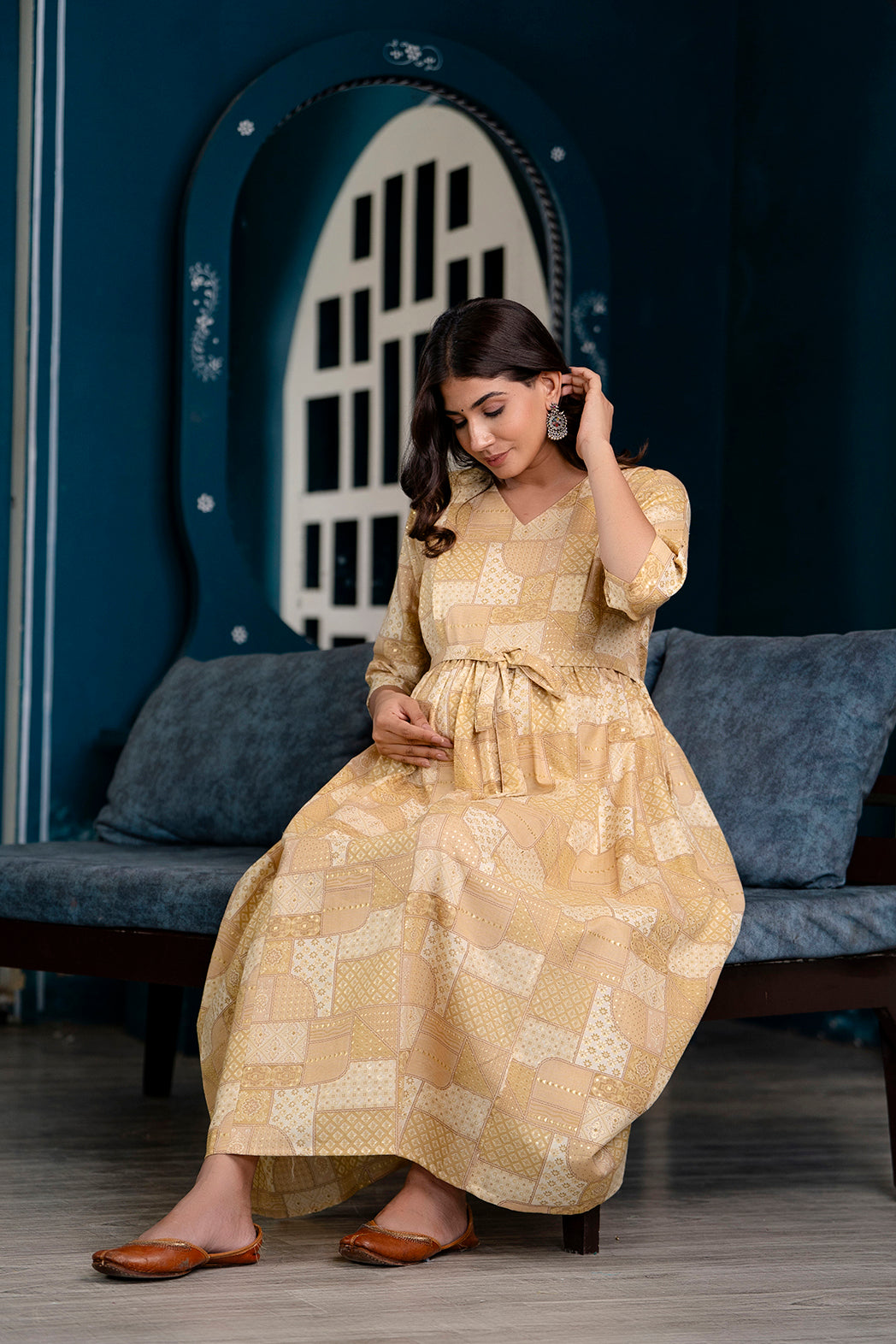 Fab Beige Printed Maternity Dress For Women
