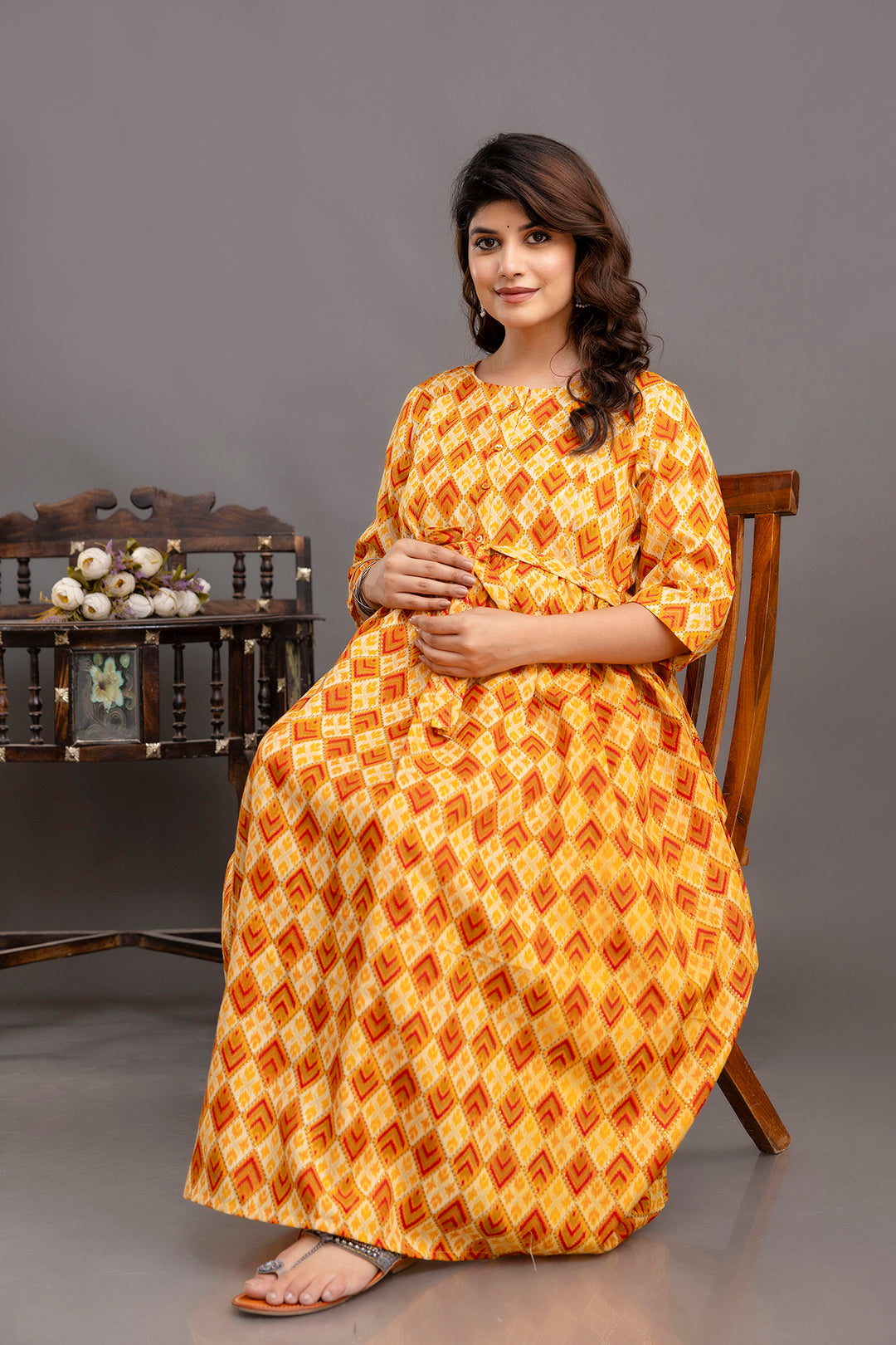 Fab Yellow Printed Maternity Dress For Women