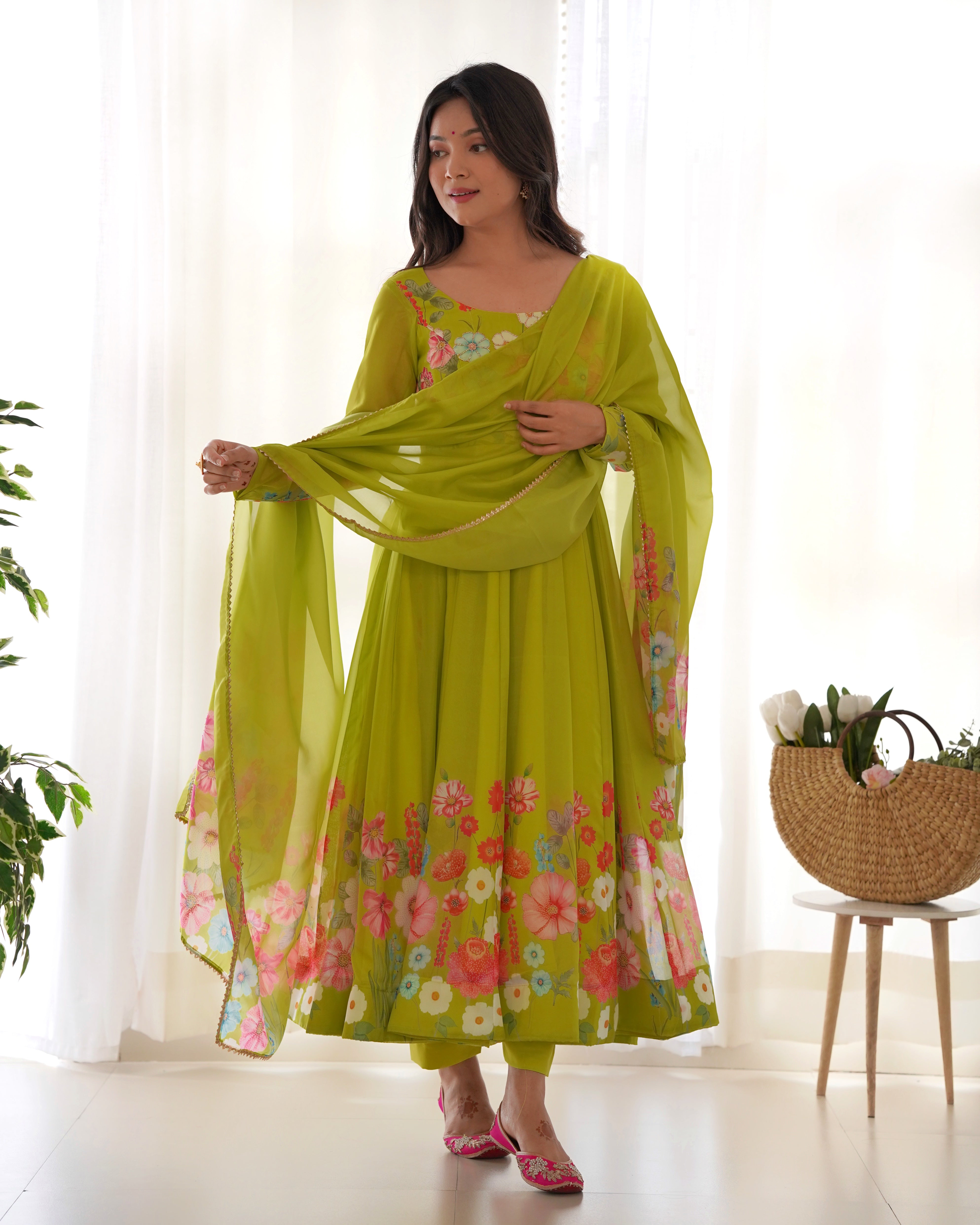 Parrot Soft Organza Silk With Floral Print Fully Flared Anarkali Pant With Dupatta Set