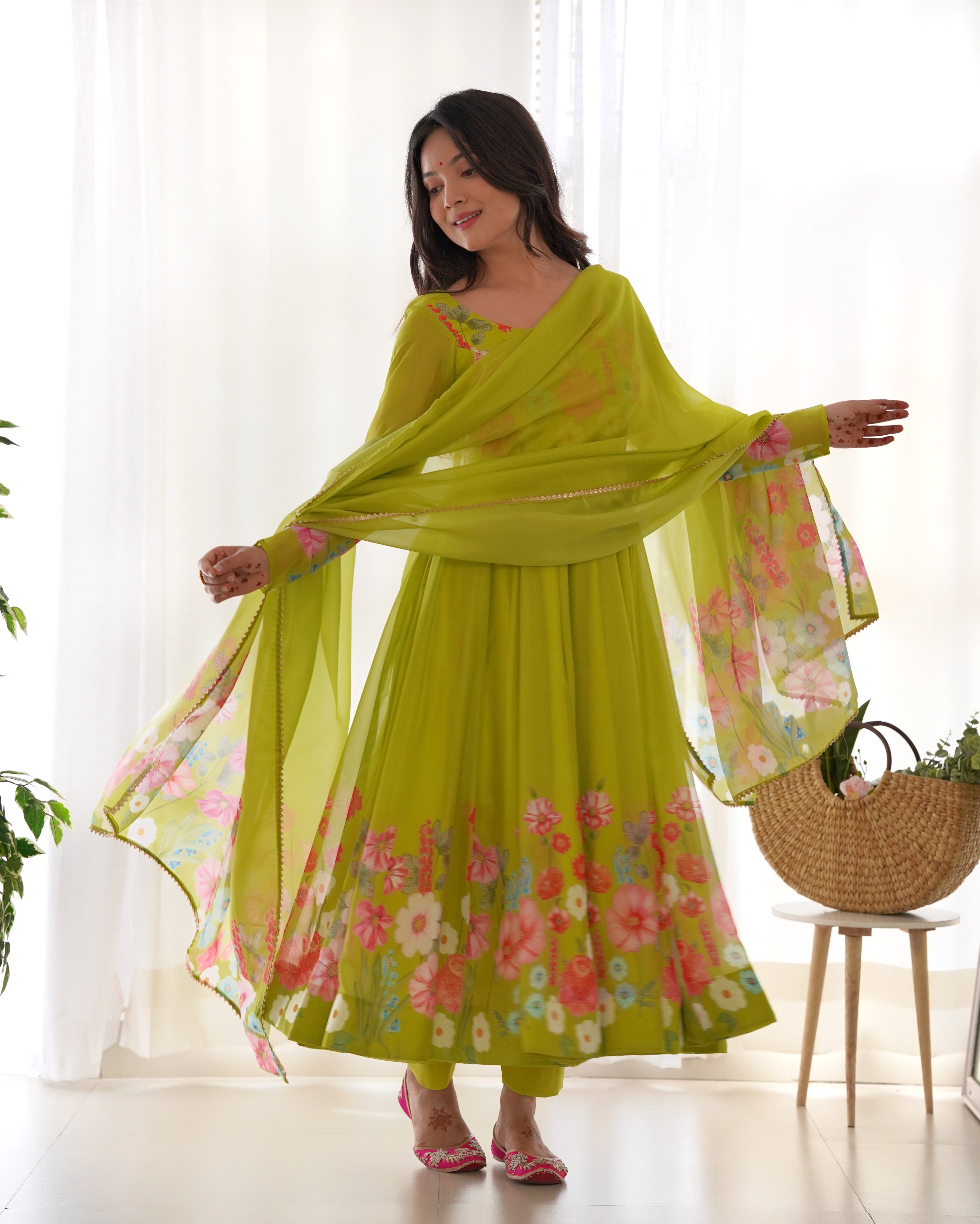 Parrot Soft Organza Silk With Floral Print Fully Flared Anarkali Pant With Dupatta Set