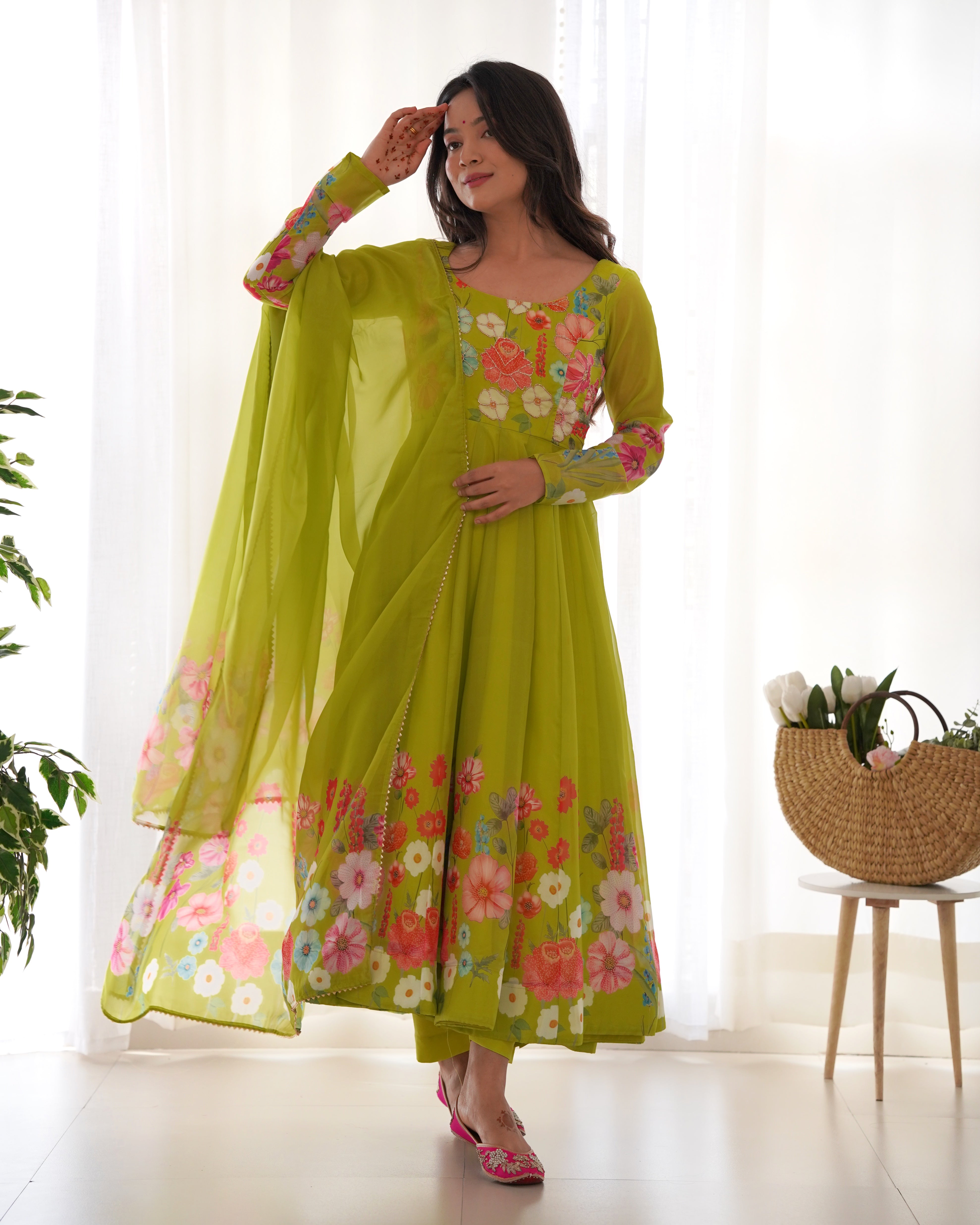 Parrot Soft Organza Silk With Floral Print Fully Flared Anarkali Pant With Dupatta Set