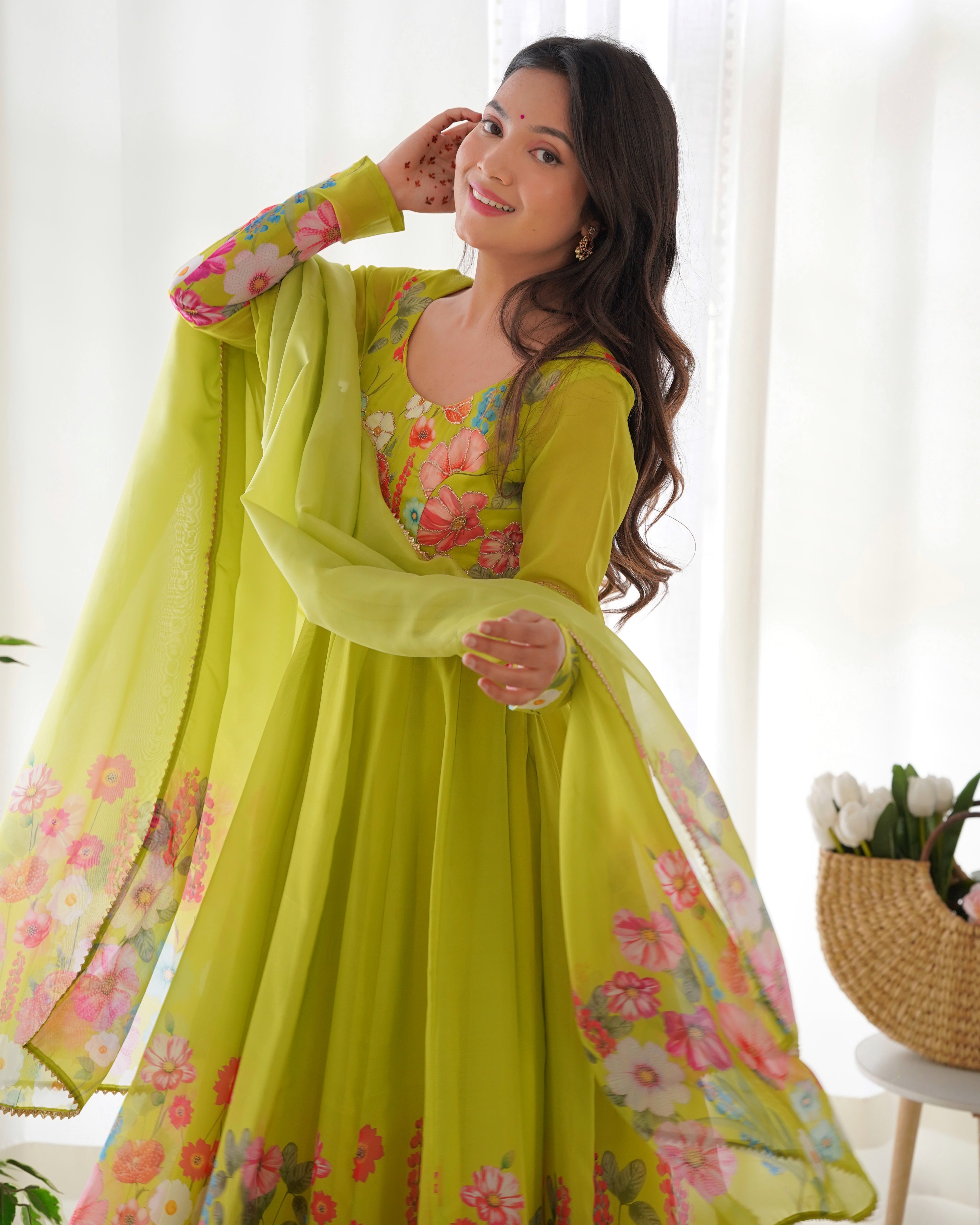 Parrot Soft Organza Silk With Floral Print Fully Flared Anarkali Pant With Dupatta Set