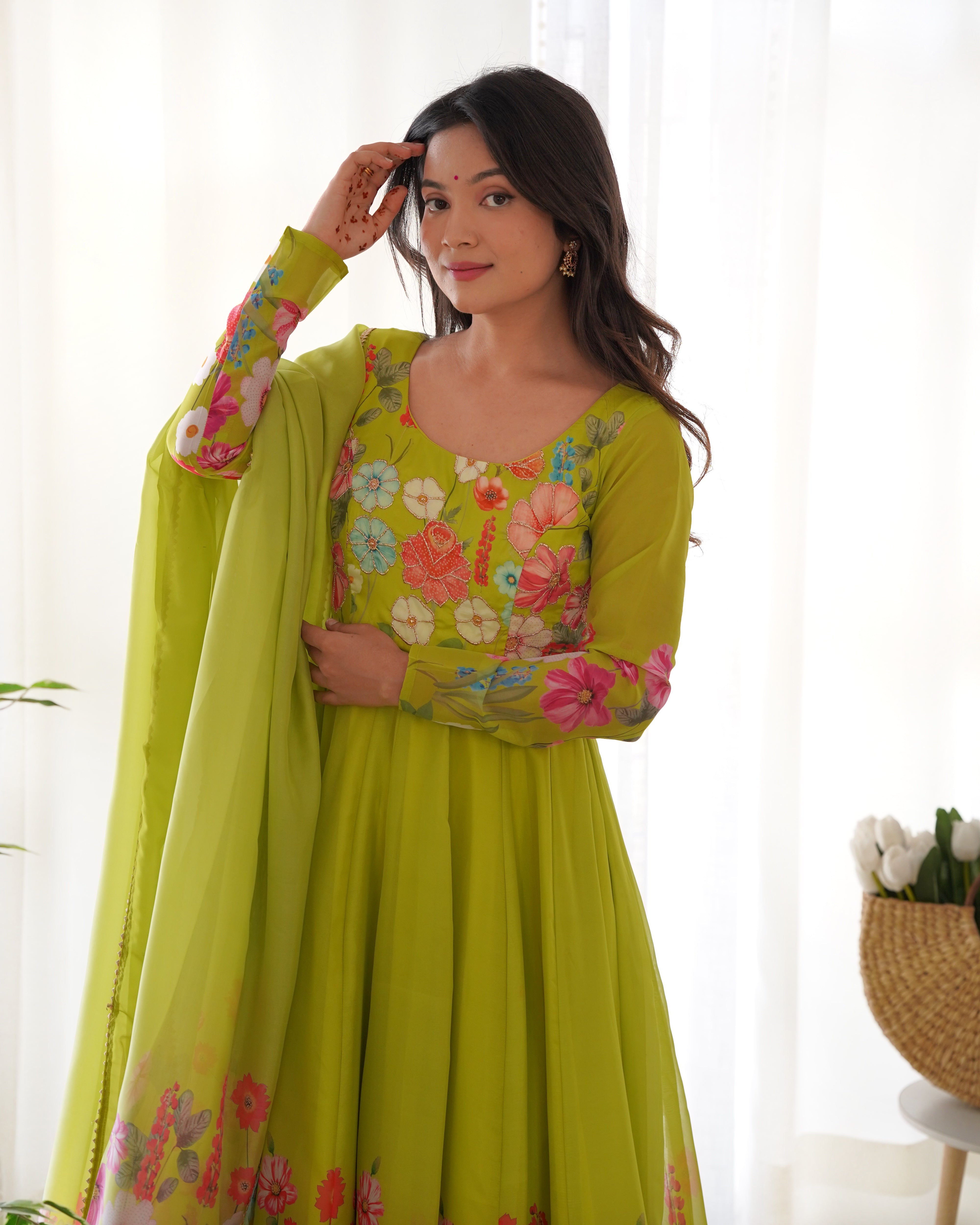 Parrot Soft Organza Silk With Floral Print Fully Flared Anarkali Pant With Dupatta Set