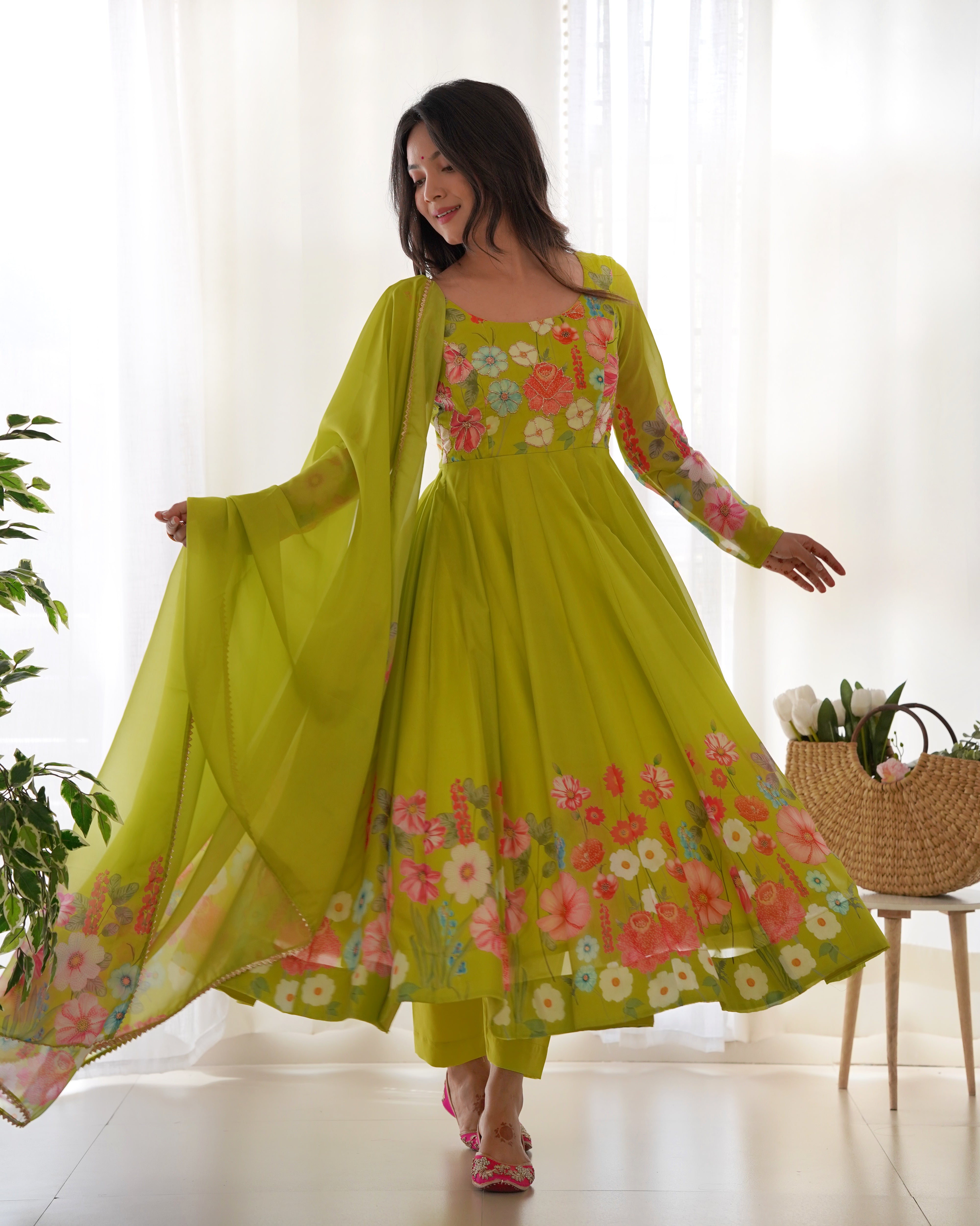 Parrot Soft Organza Silk With Floral Print Fully Flared Anarkali Pant With Dupatta Set