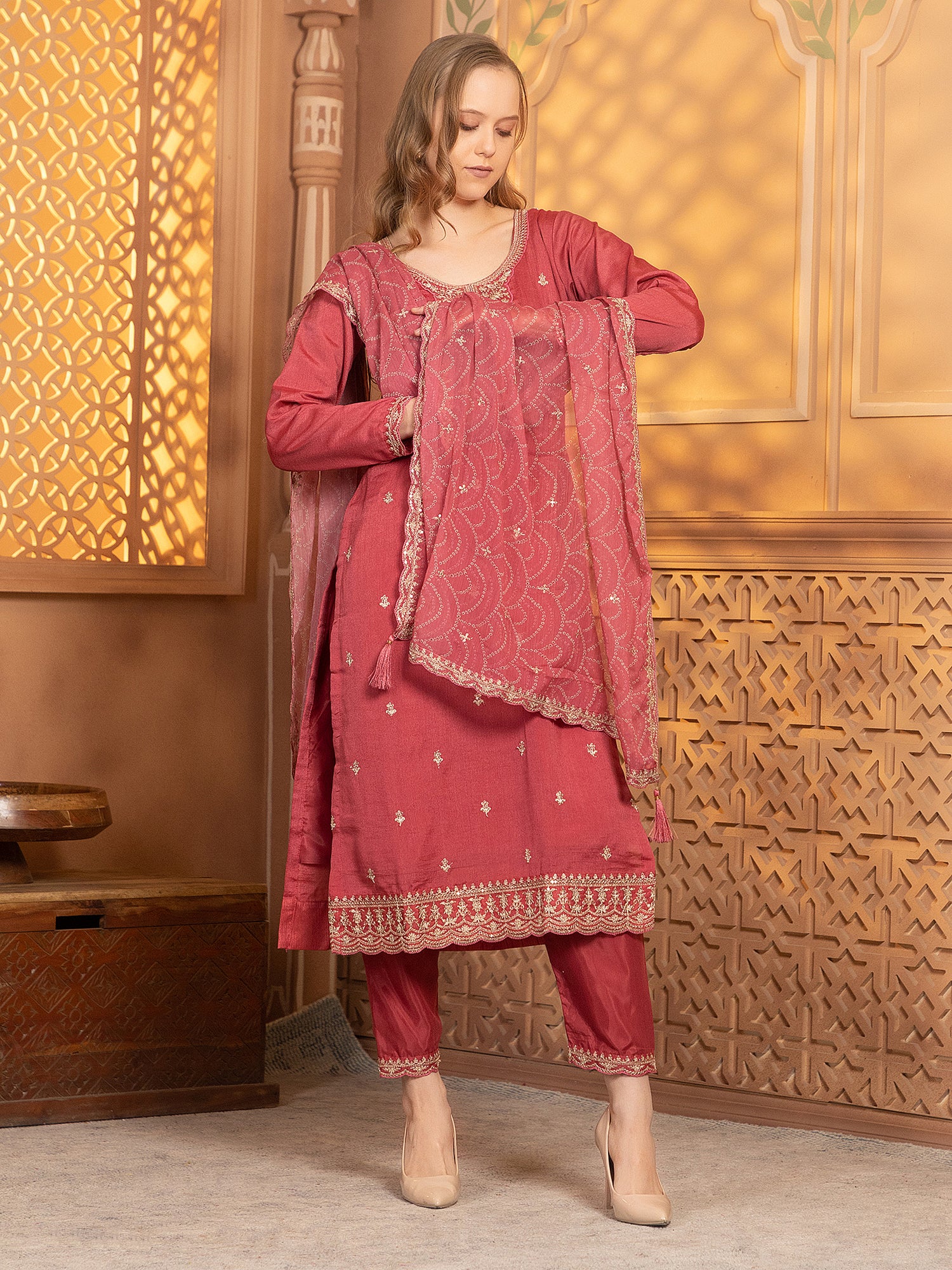 Latest Red Georgette Straight Suit For Women Festive Wear