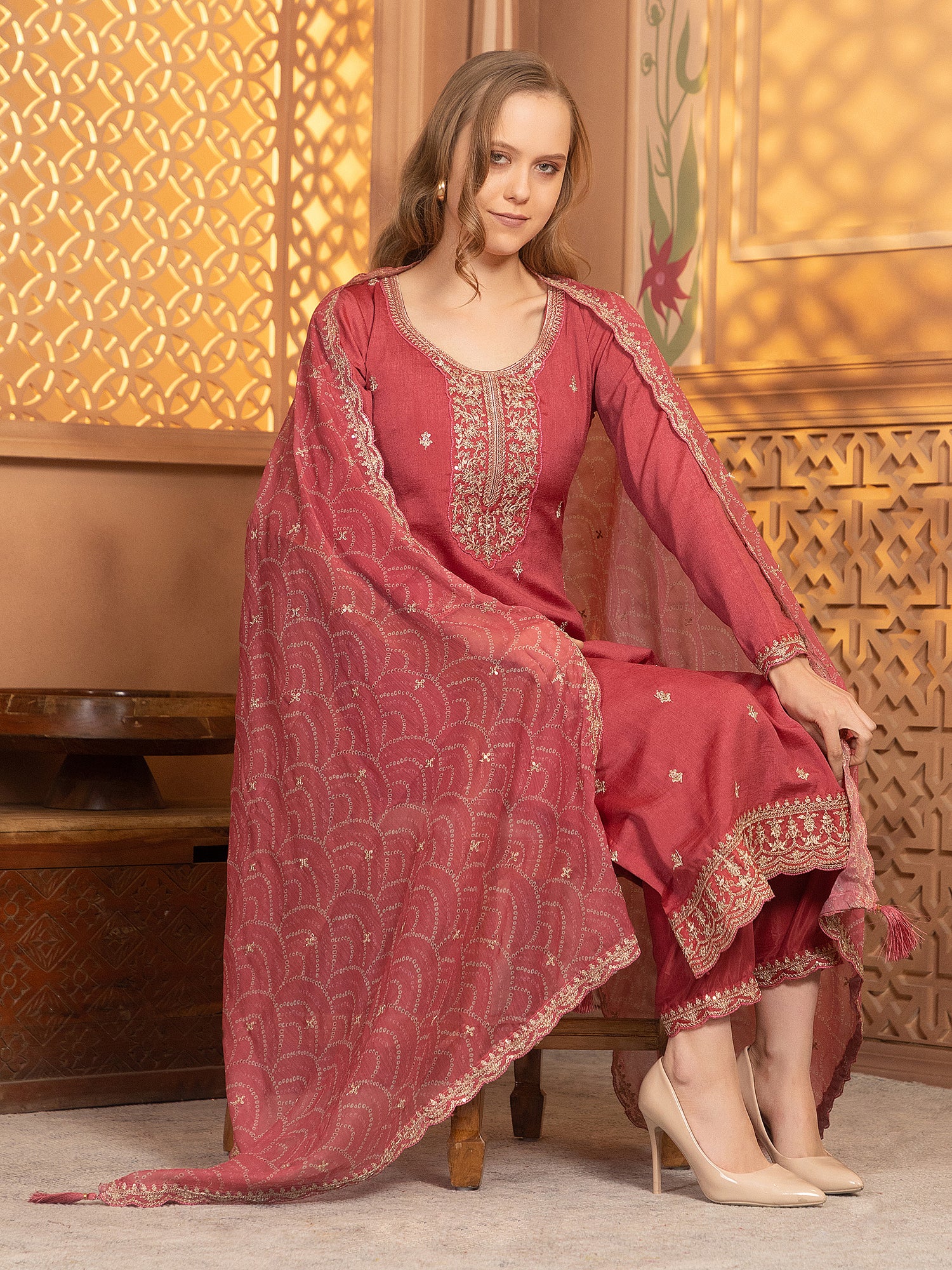 Latest Red Georgette Straight Suit For Women Festive Wear