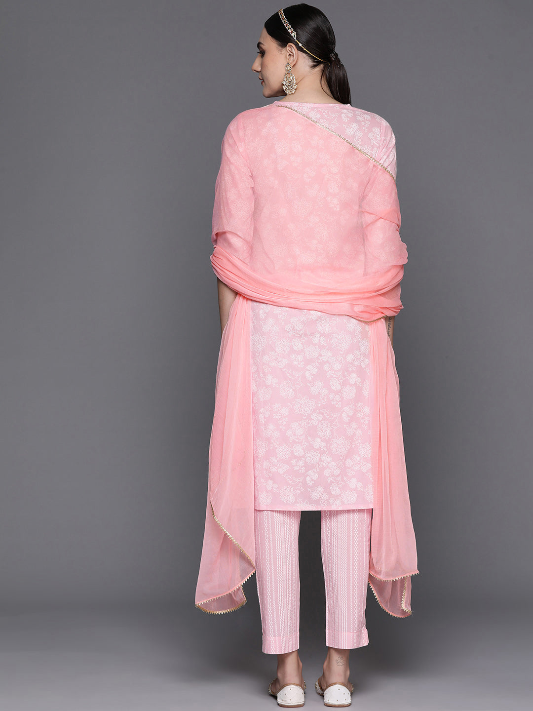 Women Pink Embroidered Straight Kurta Trousers With Dupatta Set