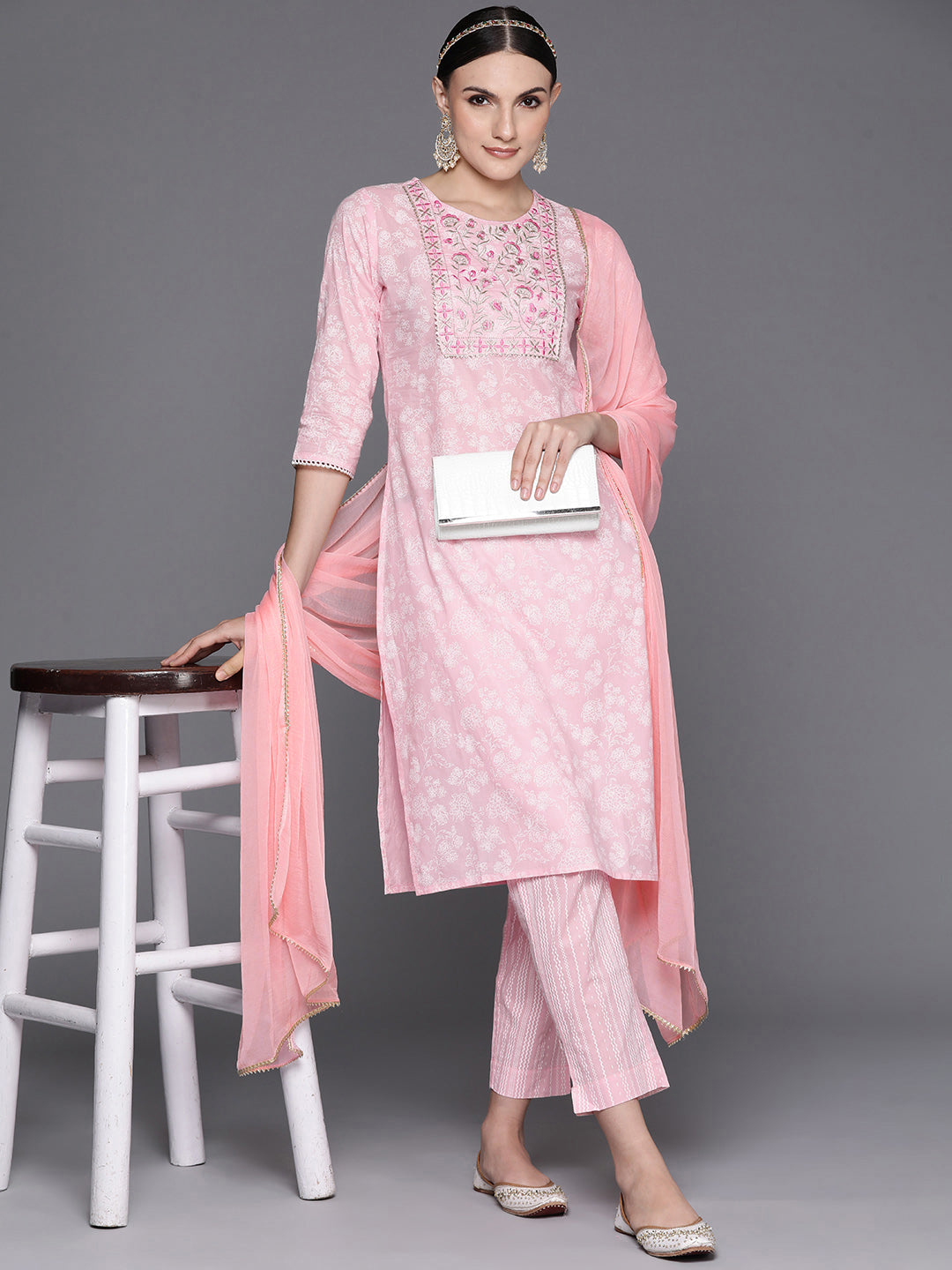 Women Pink Embroidered Straight Kurta Trousers With Dupatta Set