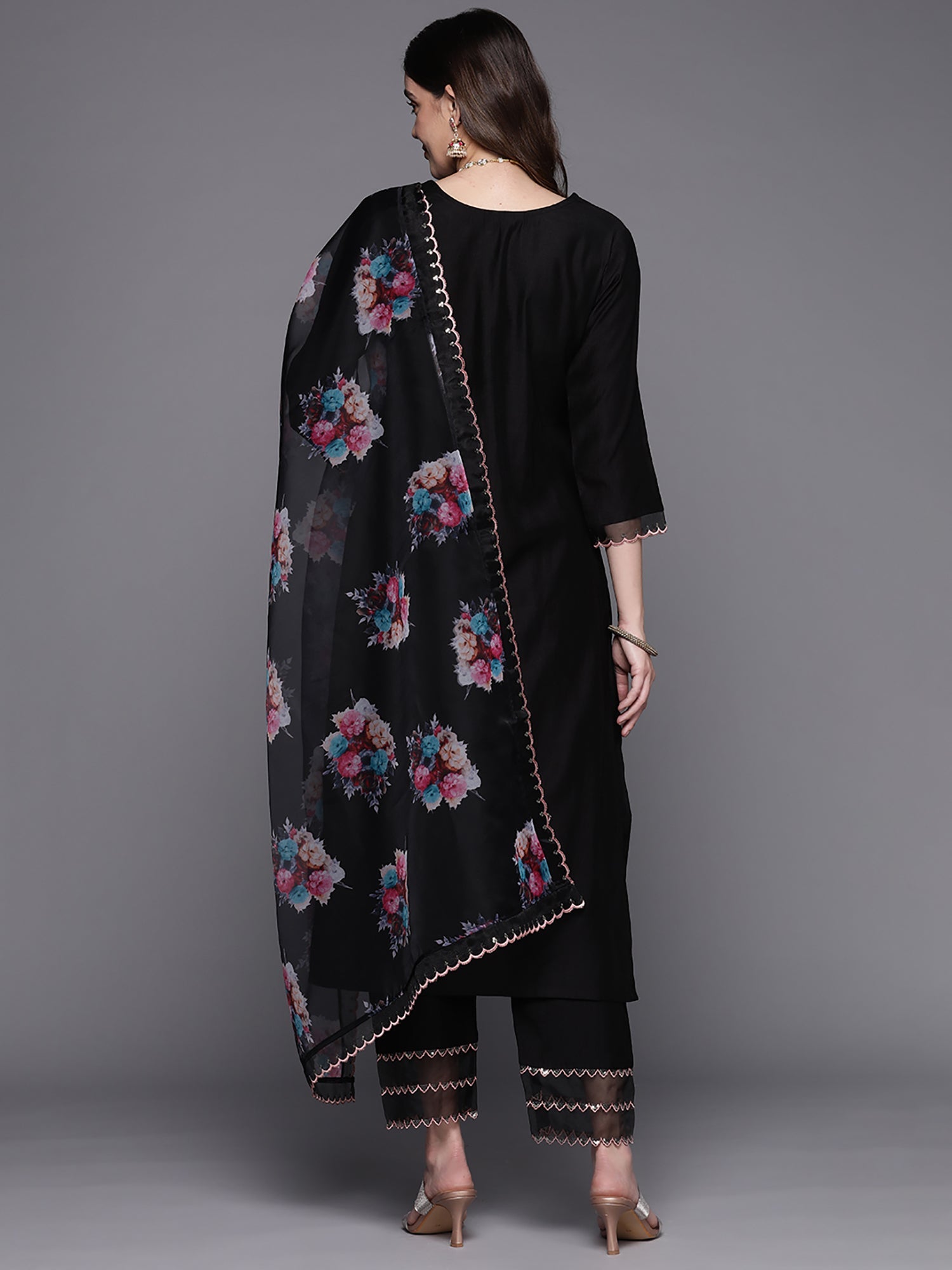 Women Black Embroidered Straight Kurta Trousers With Dupatta Set