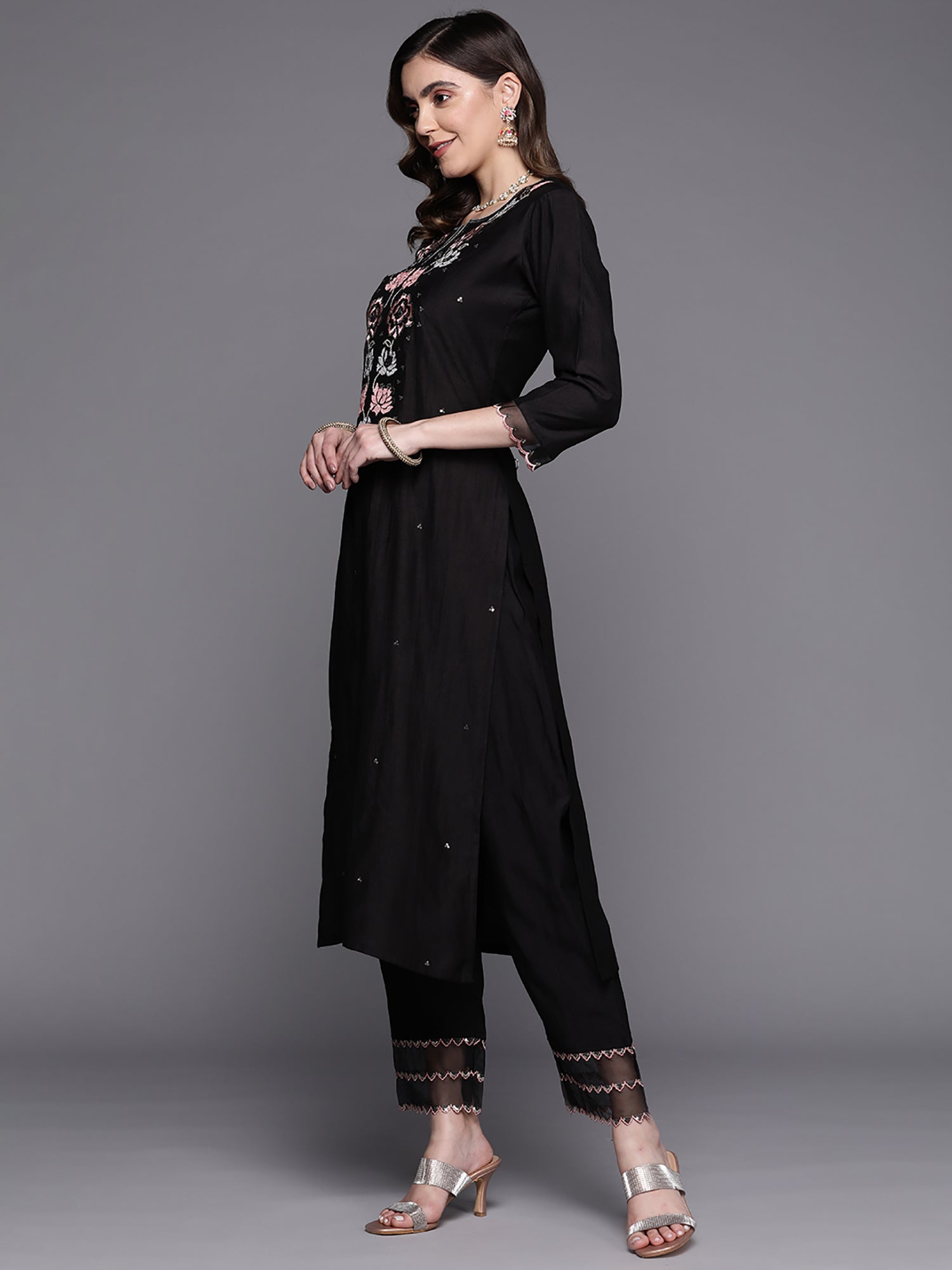 Women Black Embroidered Straight Kurta Trousers With Dupatta Set