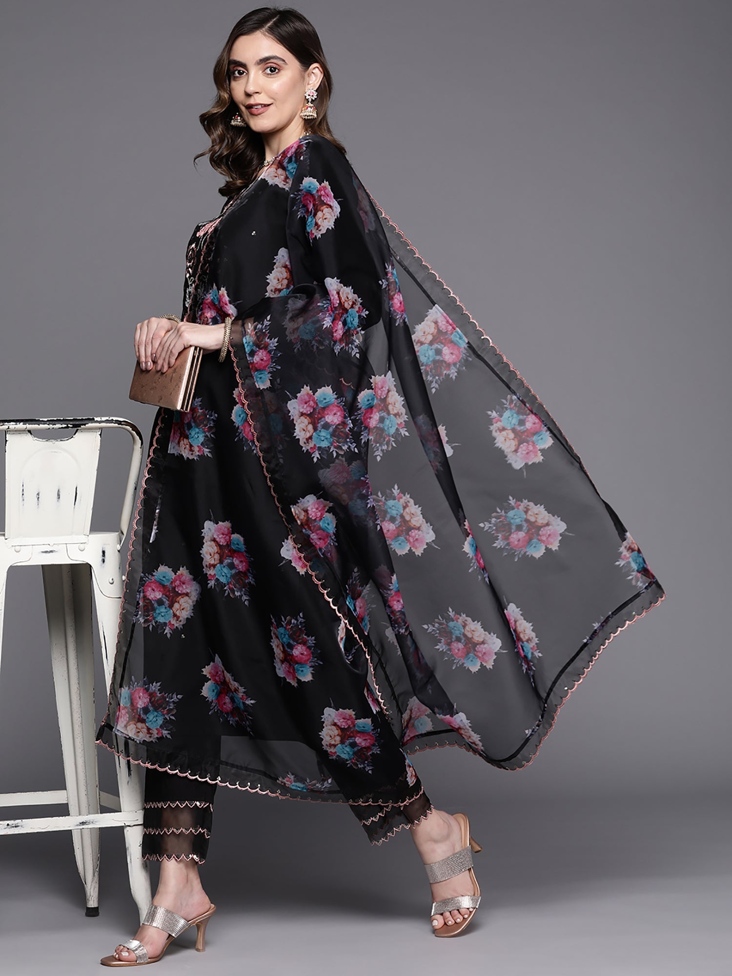 Women Black Embroidered Straight Kurta Trousers With Dupatta Set