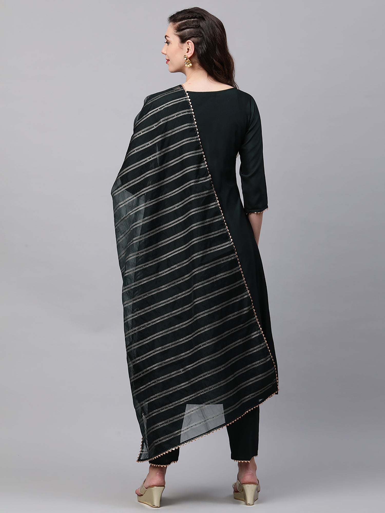 Women Green Embroidered A - Line Kurta Trouser With Dupatta Set