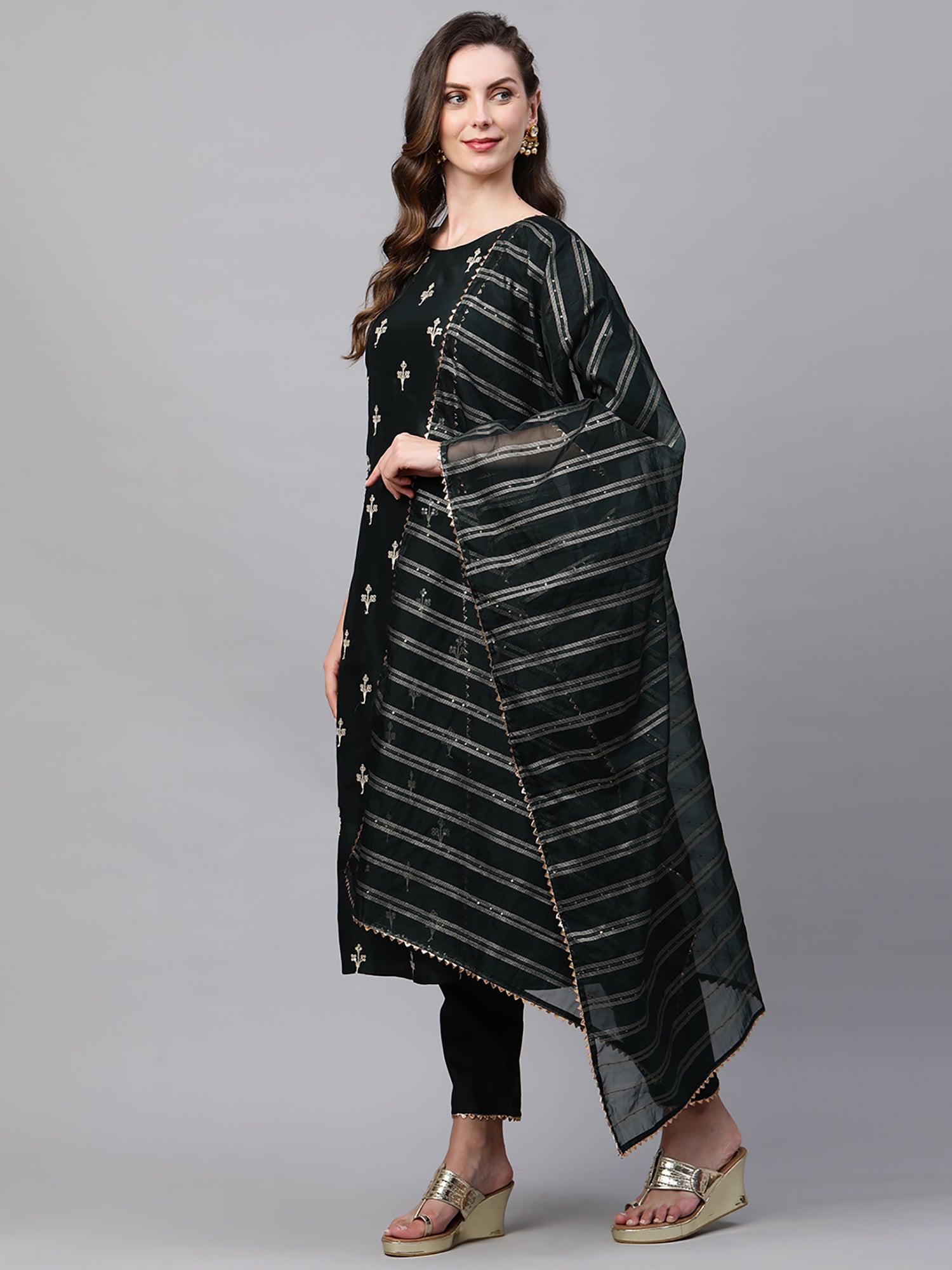 Women Green Embroidered A - Line Kurta Trouser With Dupatta Set