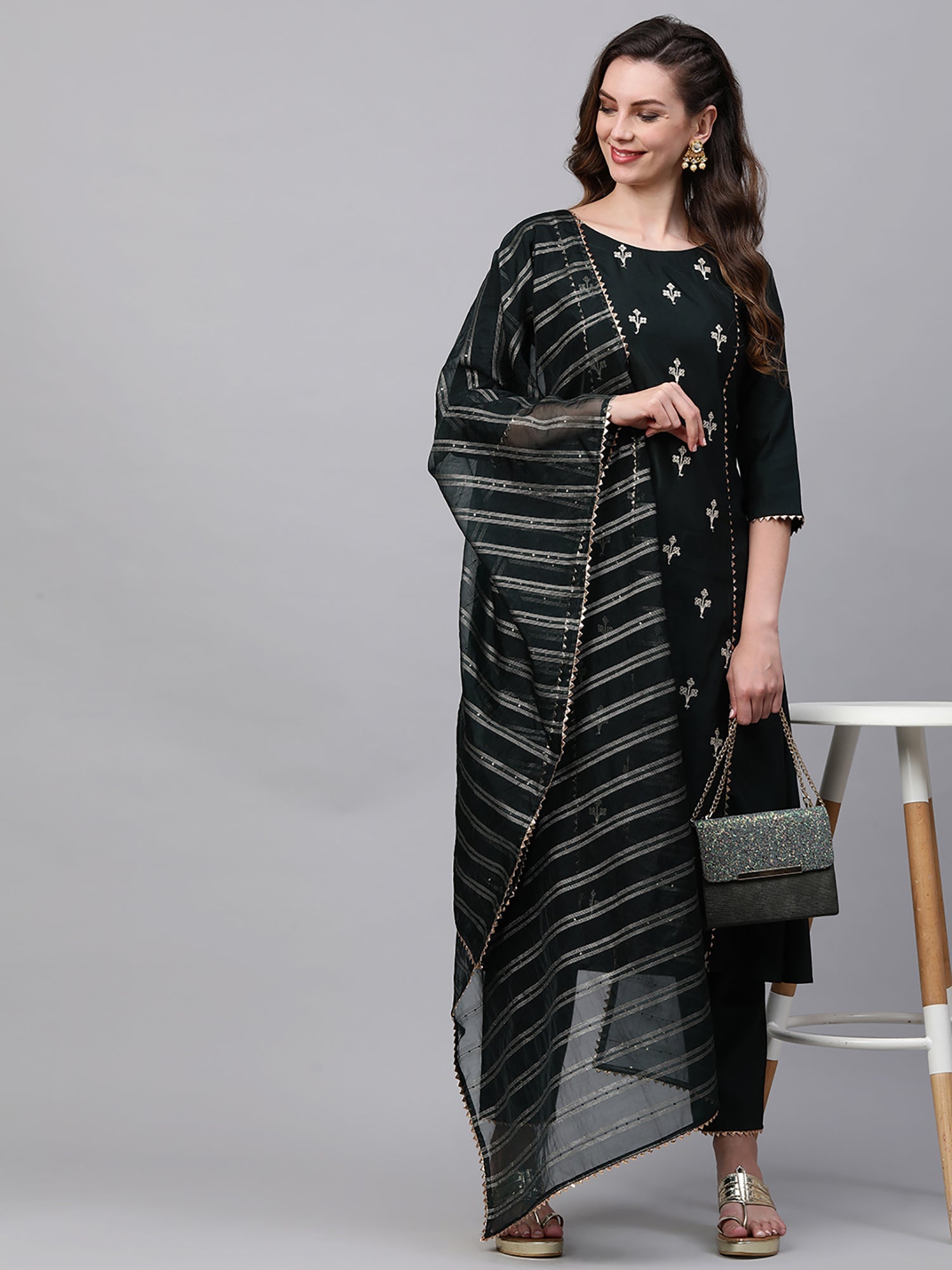 Women Green Embroidered A - Line Kurta Trouser With Dupatta Set