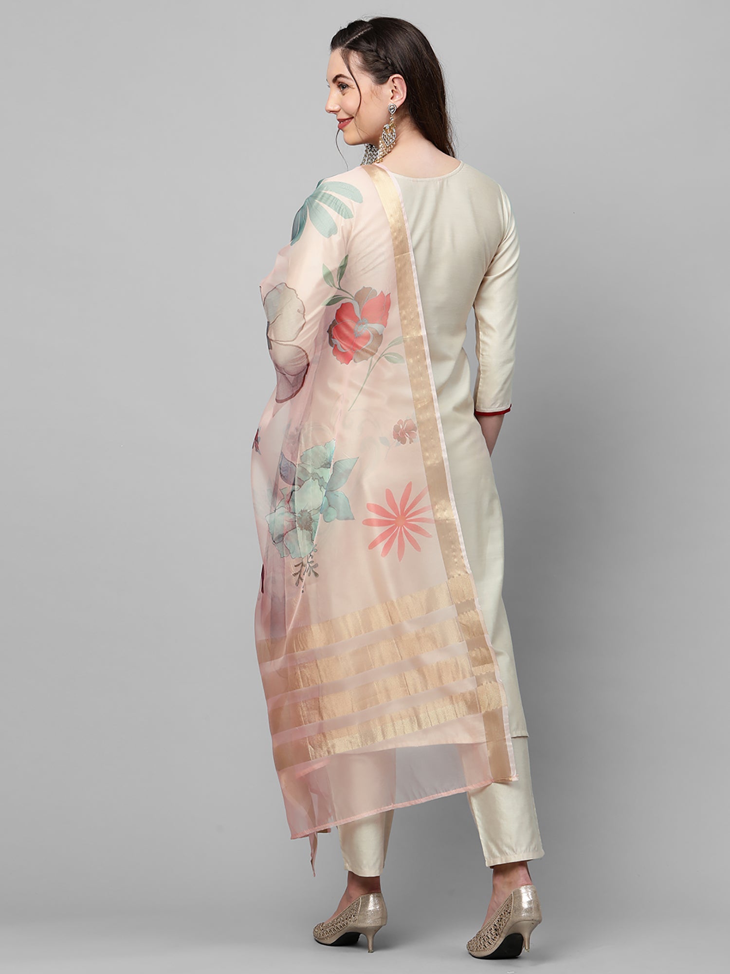 Women Off White Embroidered Straight Kurta Trouser With Dupatta Set