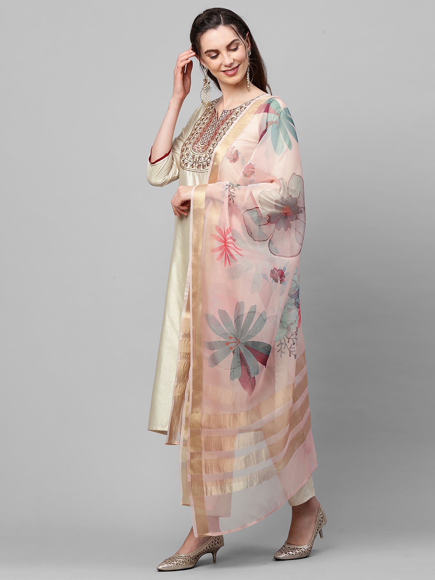 Women Off White Embroidered Straight Kurta Trouser With Dupatta Set