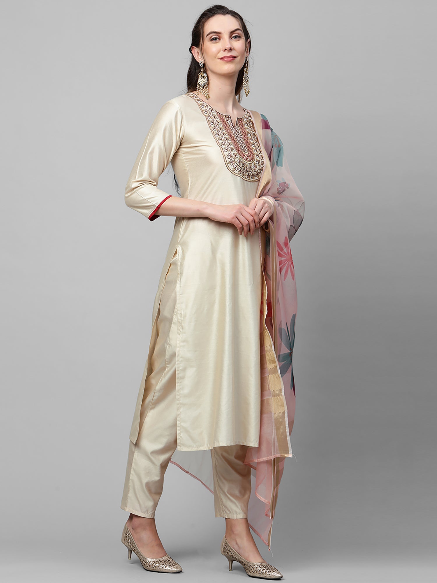Women Off White Embroidered Straight Kurta Trouser With Dupatta Set
