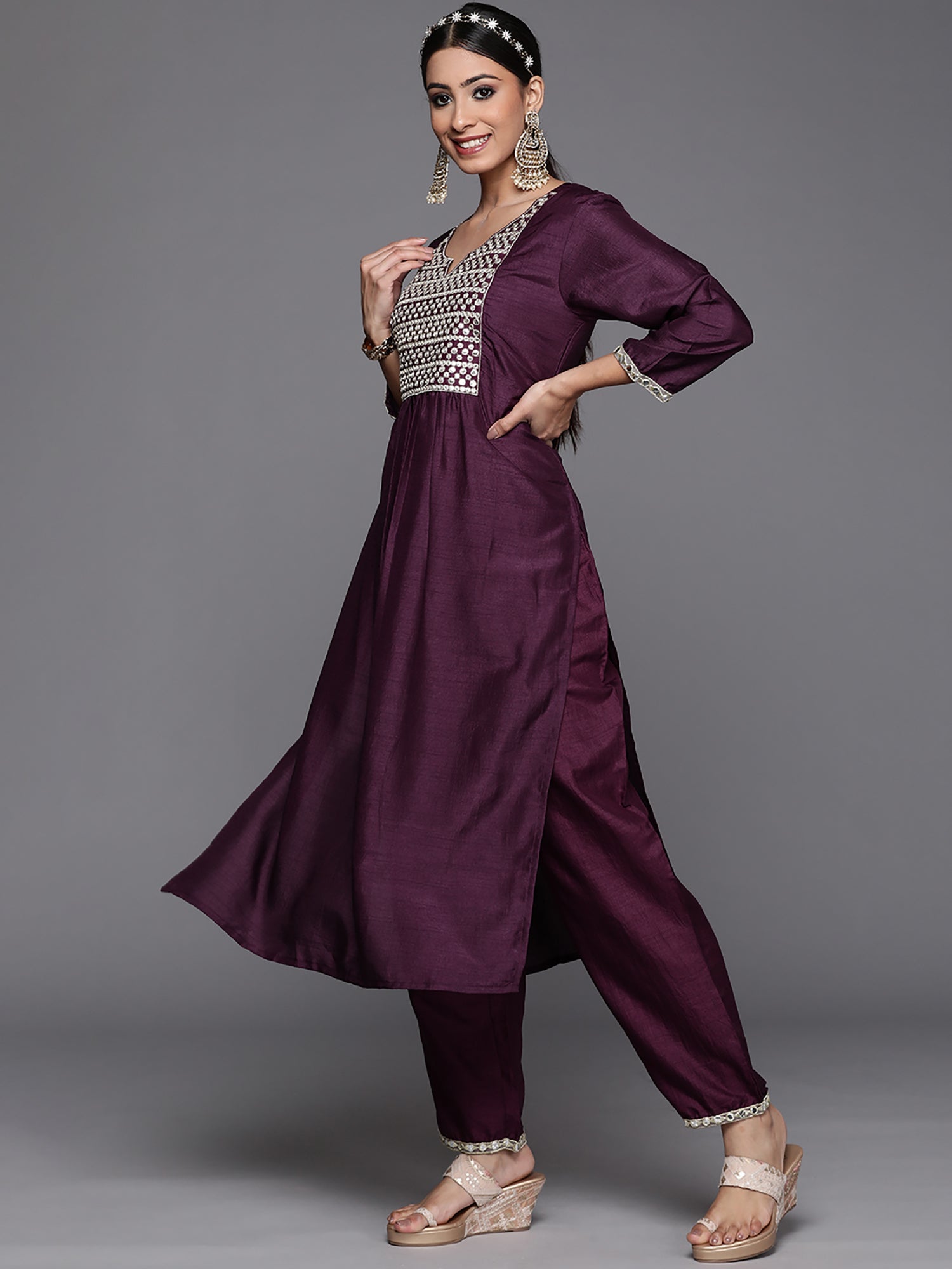 Women Purple Solid Straight Kurta Trouser With Dupatta Set
