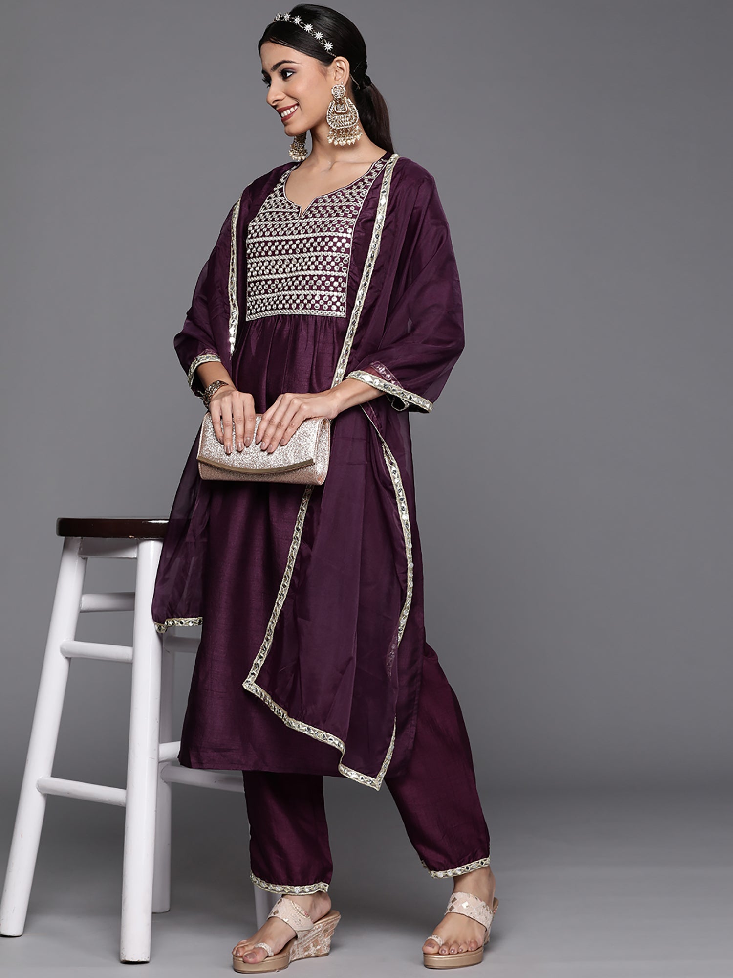 Women Purple Solid Straight Kurta Trouser With Dupatta Set
