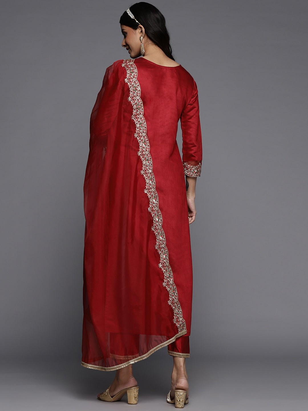 Women Red Embroidered Straight Kurta Palazzos With Dupatta Set
