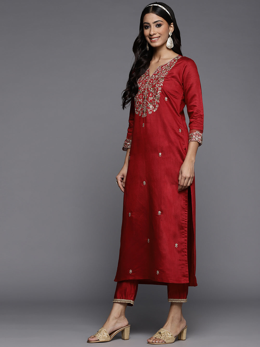 Women Red Embroidered Straight Kurta Palazzos With Dupatta Set