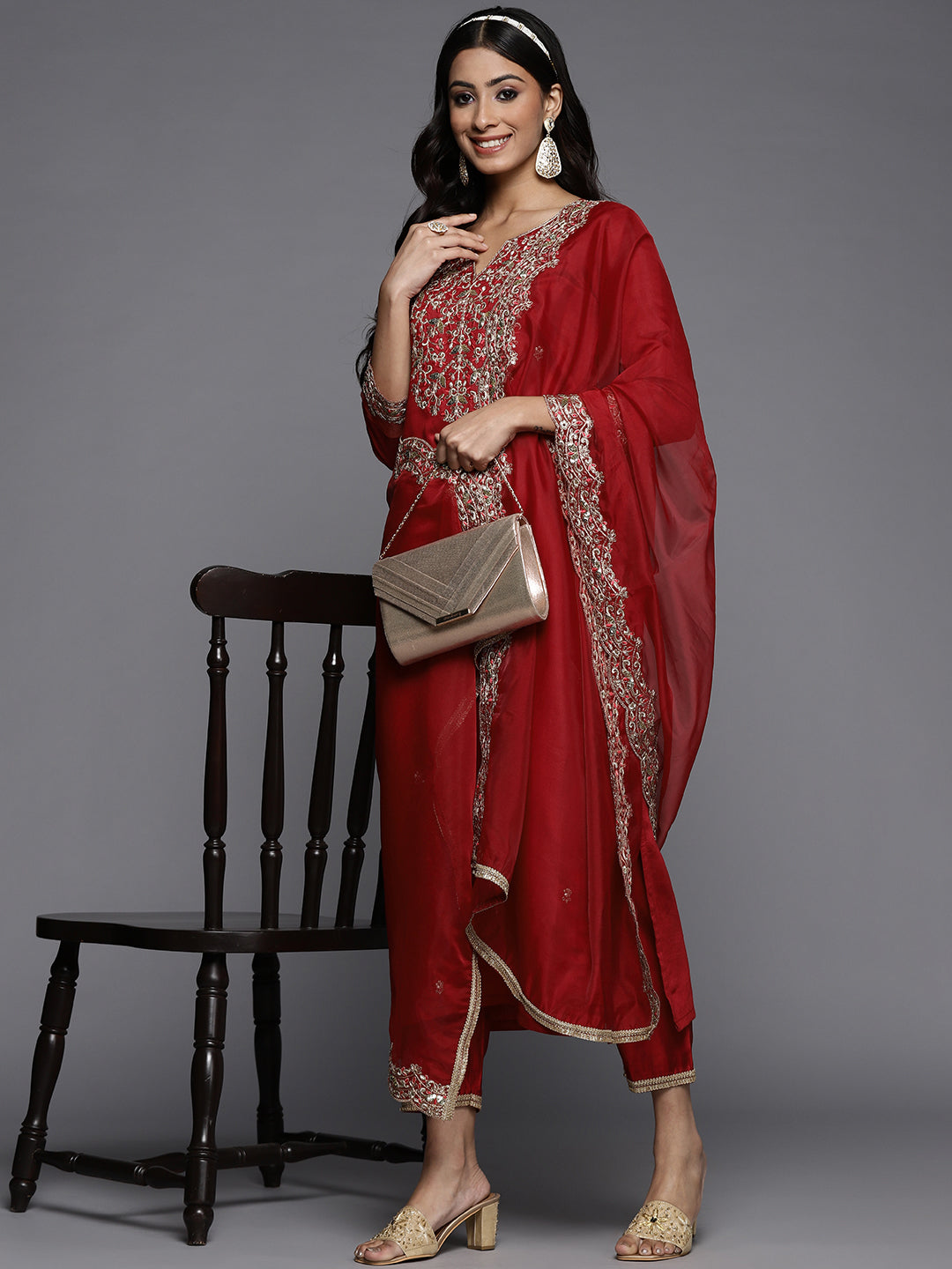Women Red Embroidered Straight Kurta Palazzos With Dupatta Set