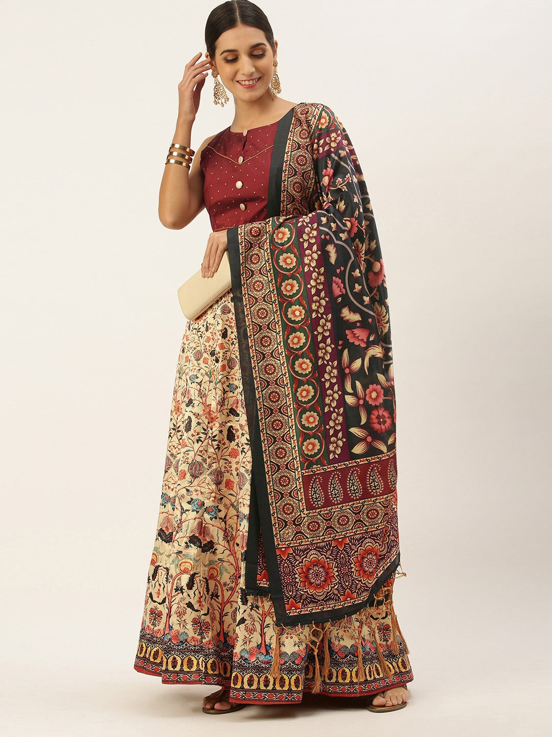 Digital Print Satin Silk Fabric Stitched Lehenga Choli With Jequared Blouse and Assami Silk Thread Work Dupatta For Women and Girls In Festive Party And Traditional Wear