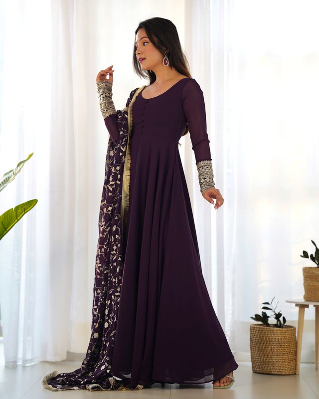 Women Georgette Anarkali Gown Duppta Full Set With Pent Ready To Wear