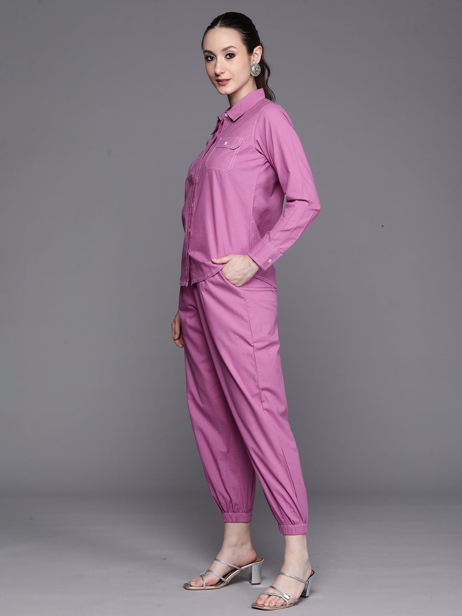 Women Lavender Solid Smart Casual Straight Kurta Trousers Set