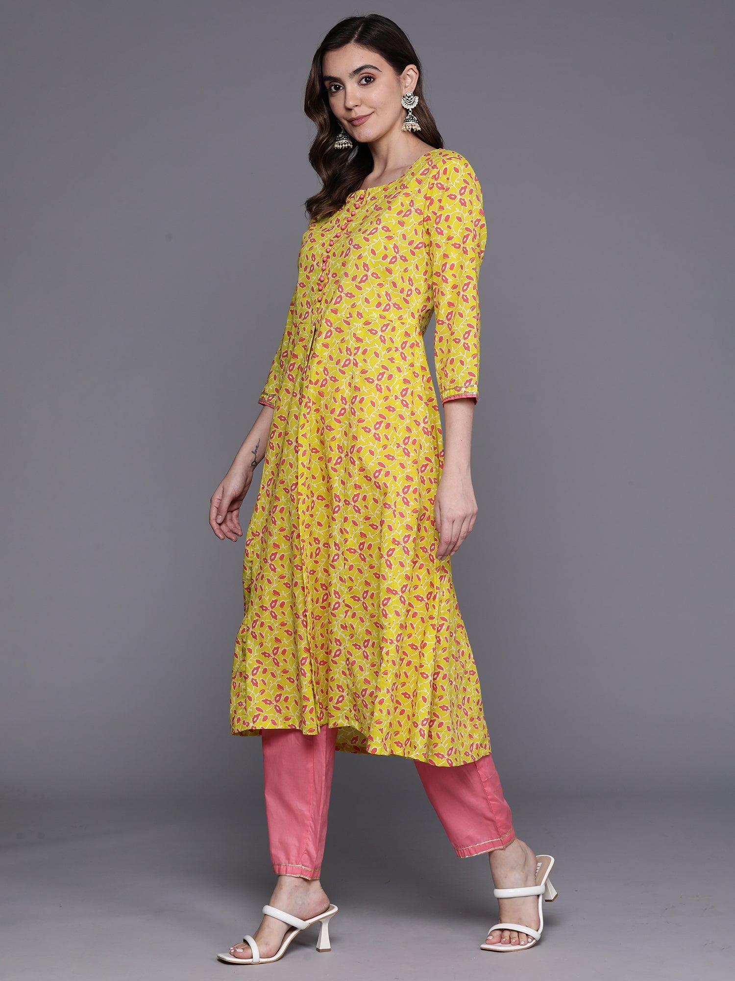 Women Yellow Printed A-Line Kurta Trousers Na Set