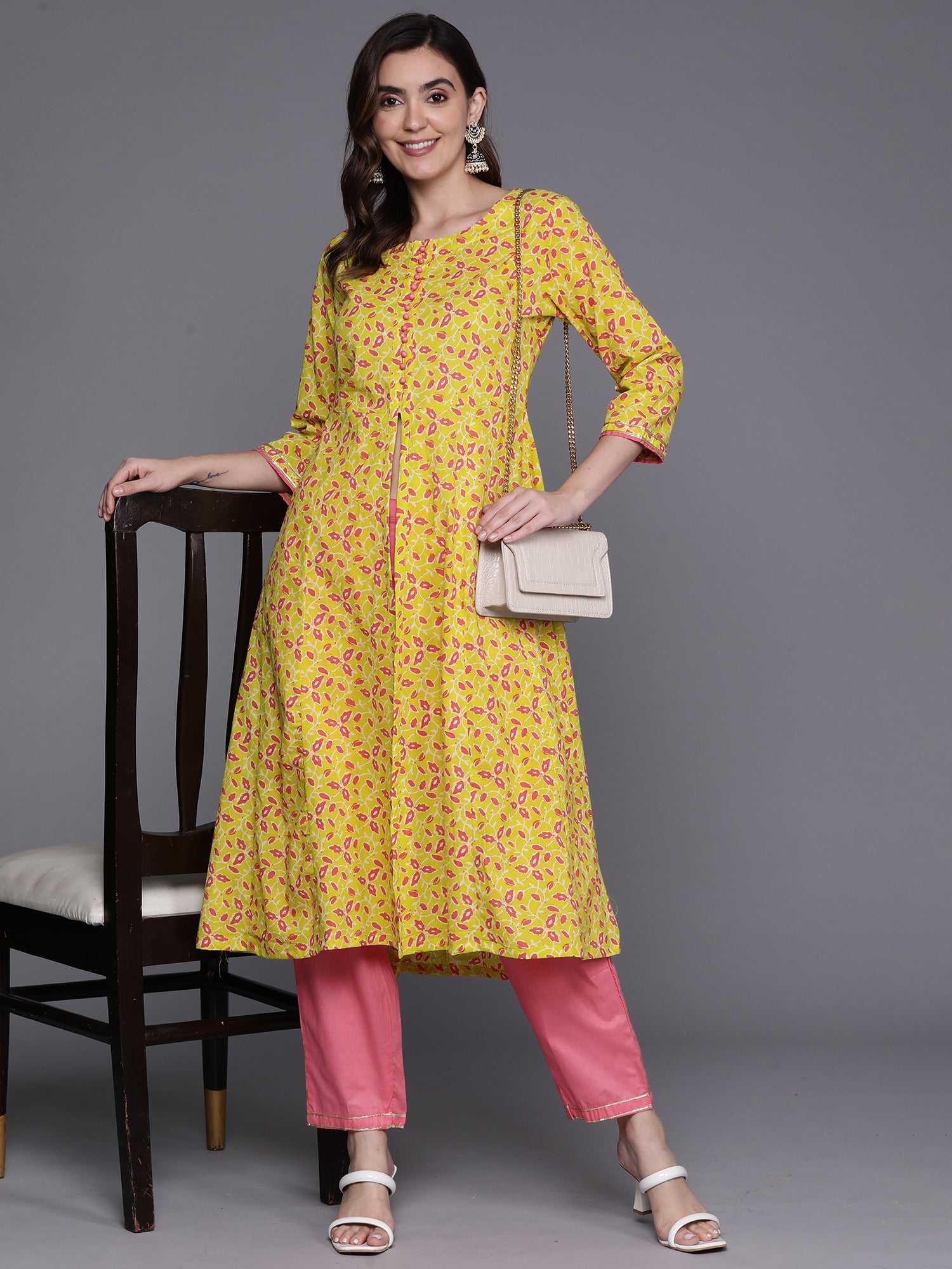 Women Yellow Printed A-Line Kurta Trousers Na Set
