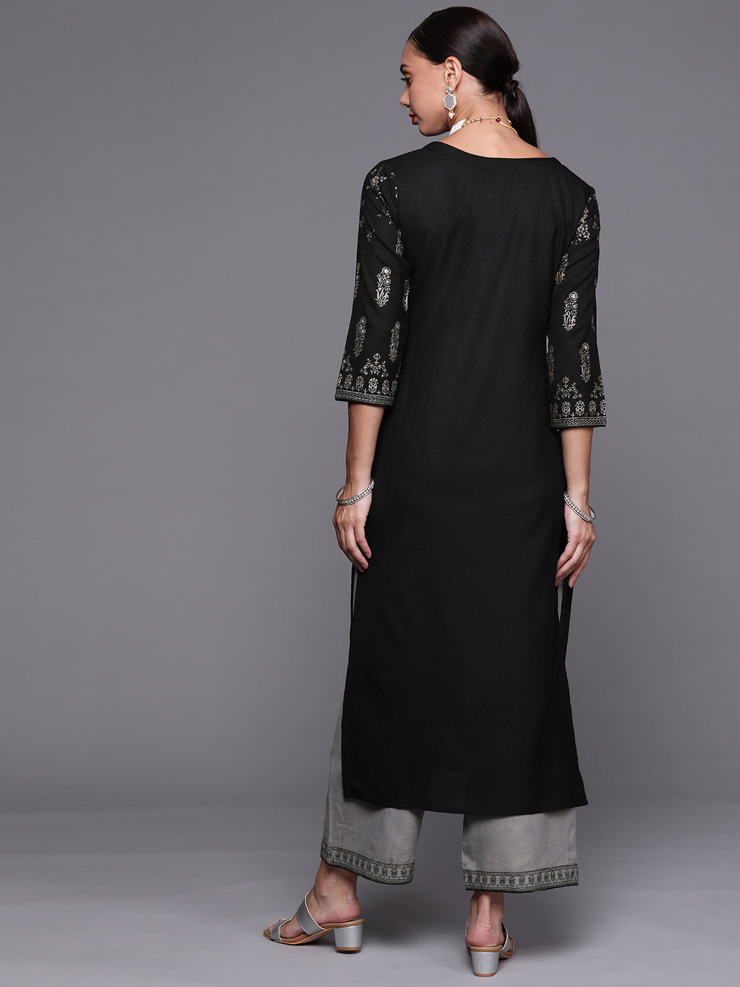 Women Black Foil Printed Straight Kurta With Palazzo Set