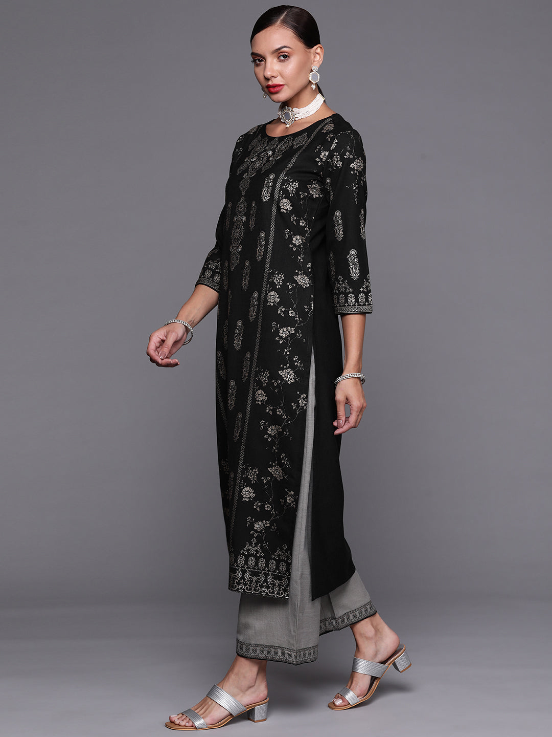 Women Black Foil Printed Straight Kurta With Palazzo Set