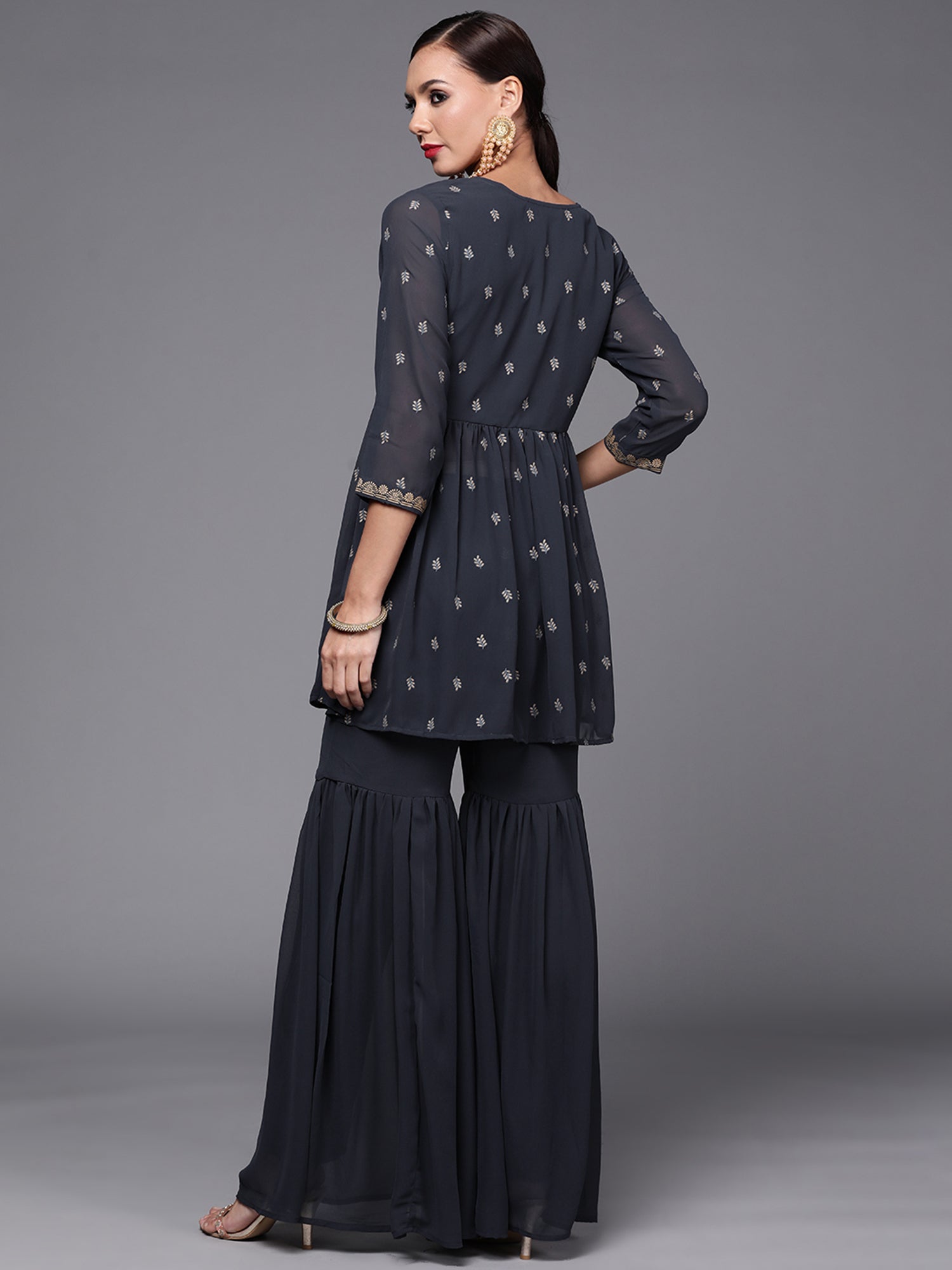 Women Grey Printed A-Line Kurta With Sharara Set
