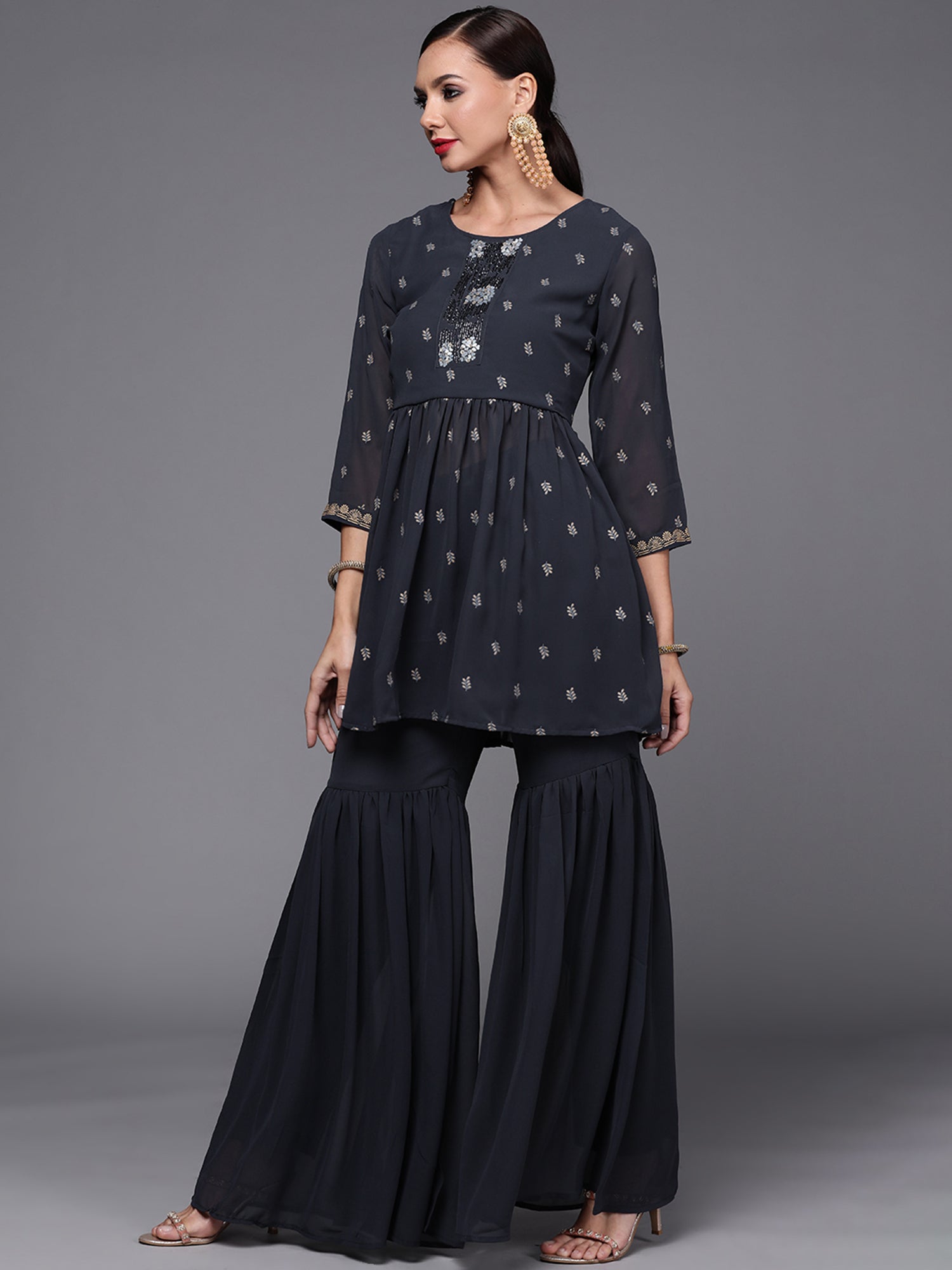 Women Grey Printed A-Line Kurta With Sharara Set