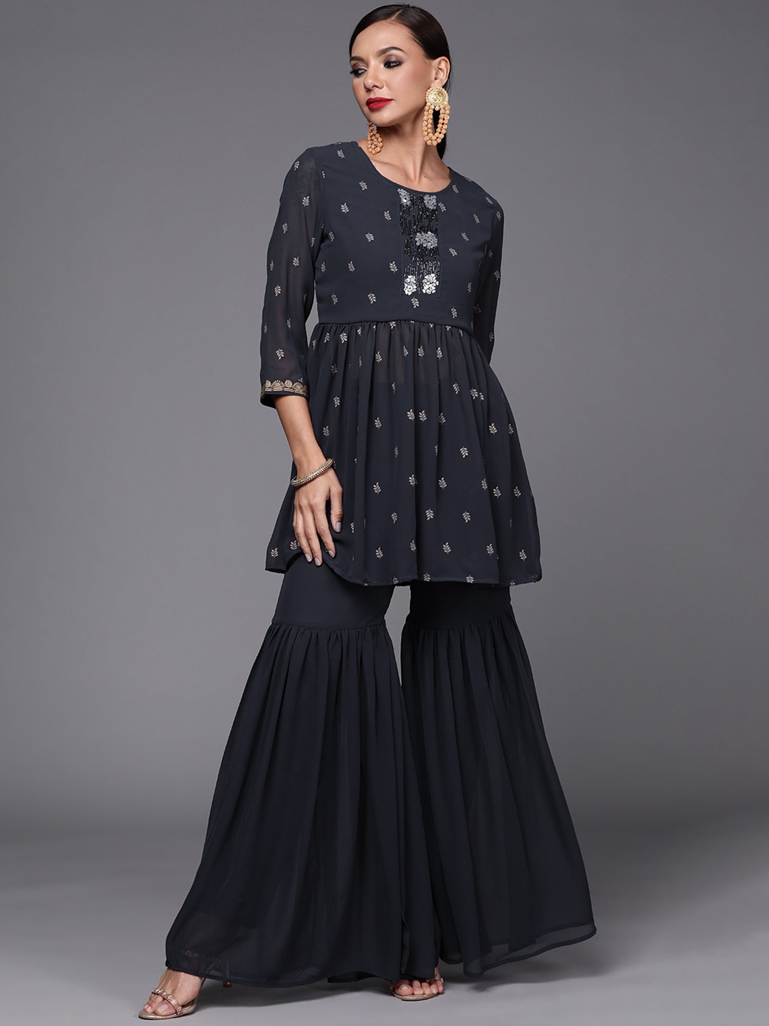 Women Grey Printed A-Line Kurta With Sharara Set