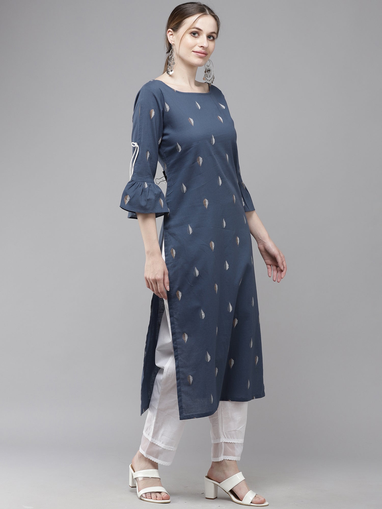 Women Navy Blue Printed Straight Kurta