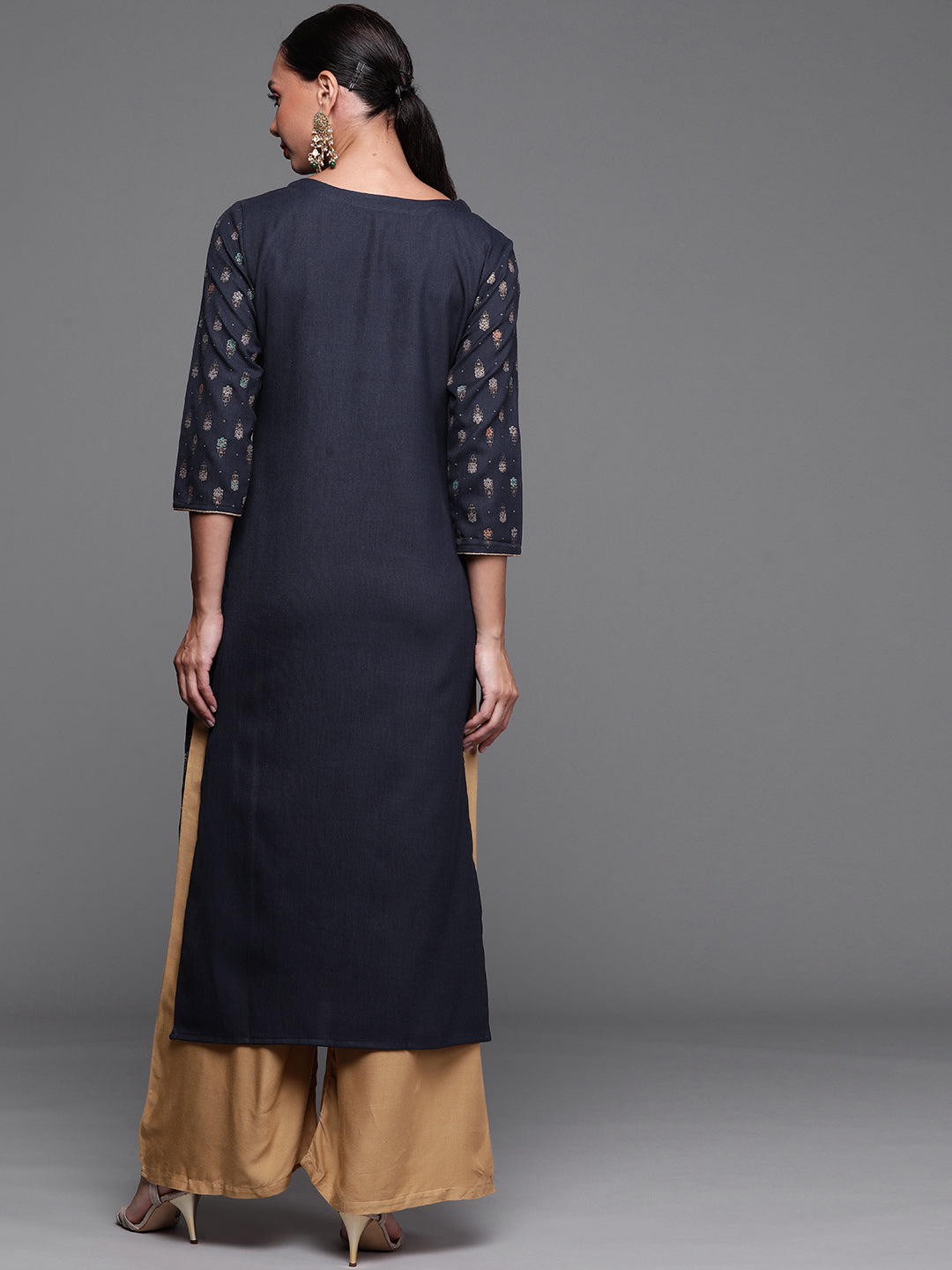 Women Navy Blue Foil Printed Straight Kurtas