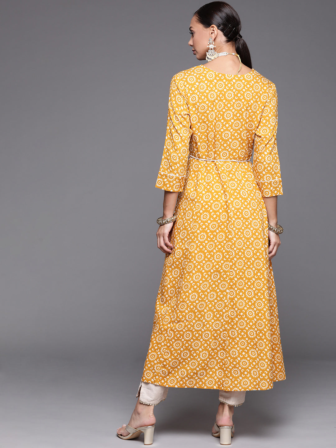 Women Mustard Embroidered A-Line Kurta