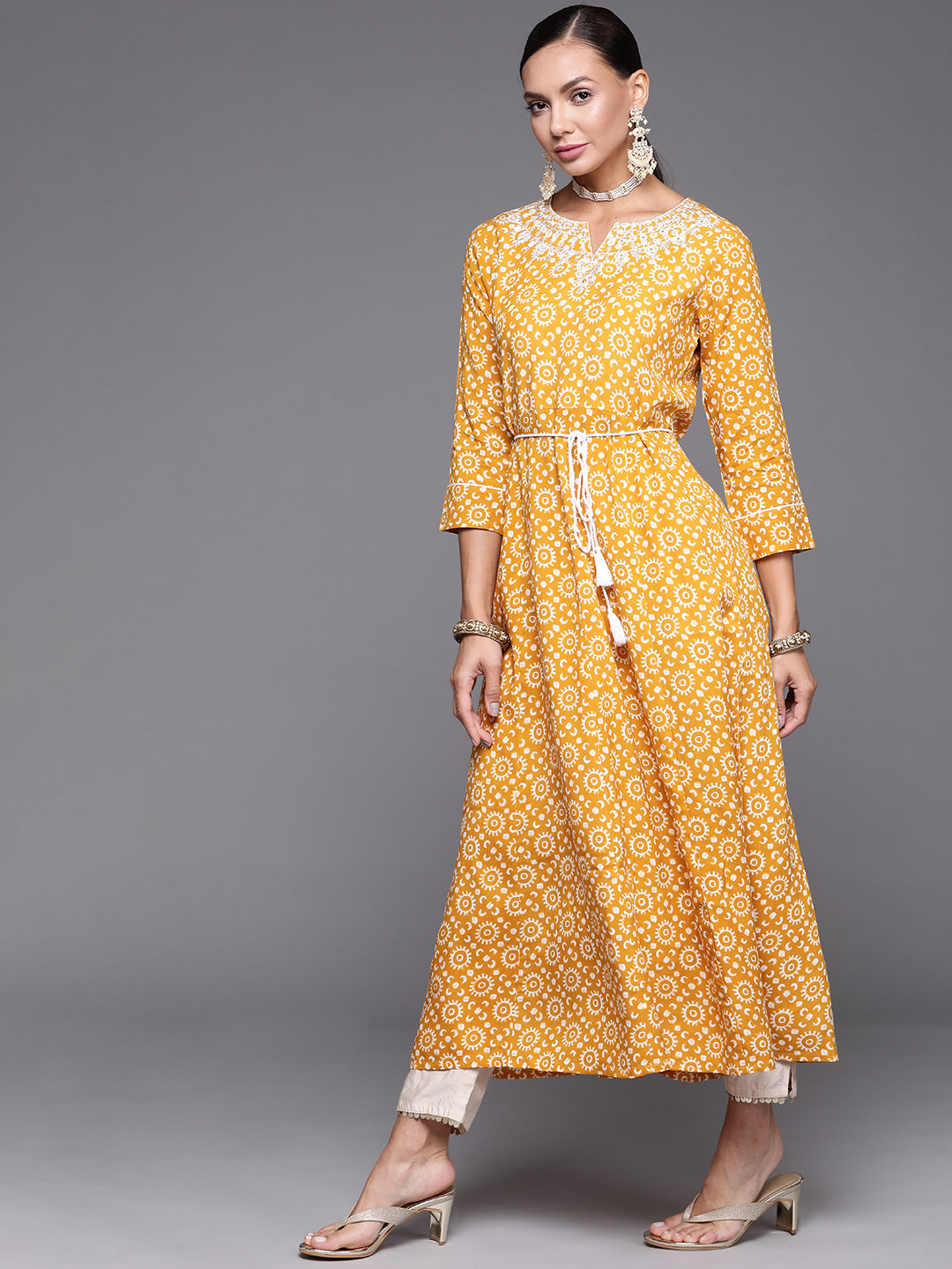 Women Mustard Embroidered A-Line Kurta
