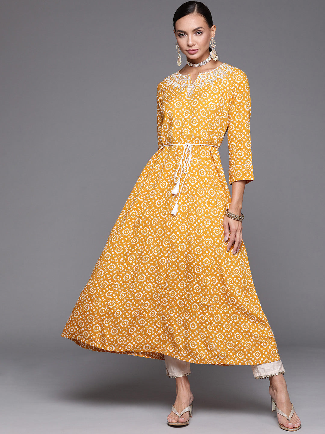 Women Mustard Embroidered A-Line Kurta